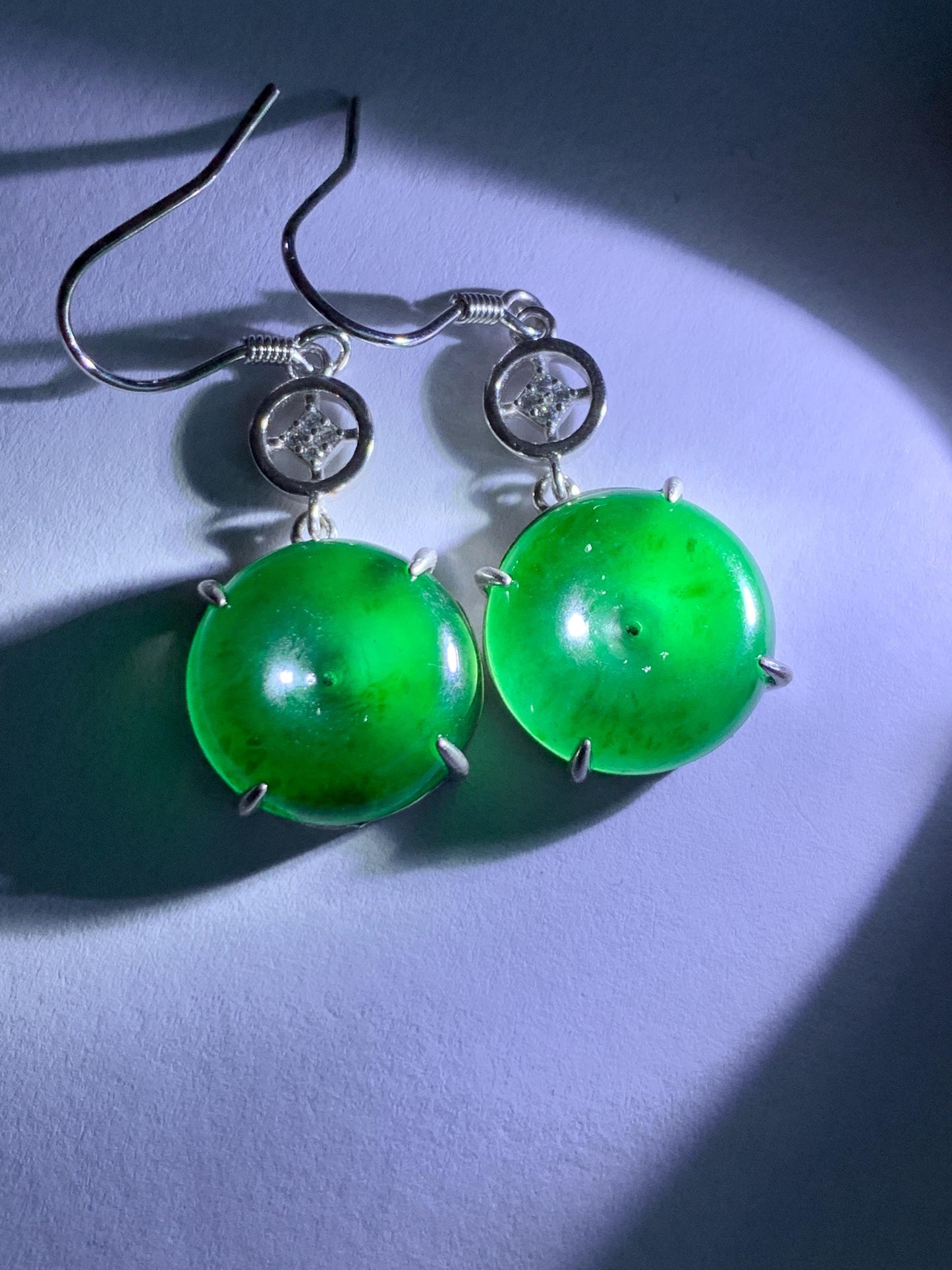 Natural Grade A Guatemalan Icy Translucent Vibrant Green Jade Jadeite Ping An Kou Donut Dangle Earrings Sterling Silver 天然冰危绿翡翠平安扣银耳钩 WDL119