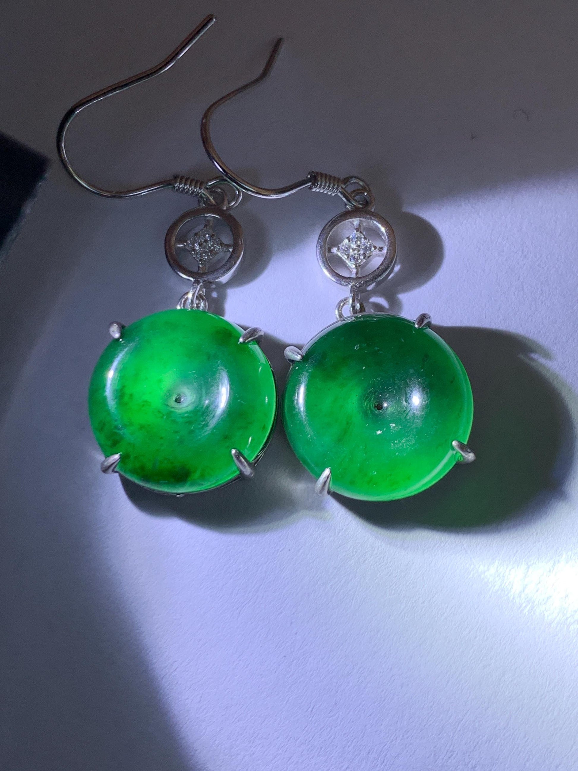 Natural Grade A Guatemalan Icy Translucent Vibrant Green Jade Jadeite Ping An Kou Donut Dangle Earrings Sterling Silver 天然冰危绿翡翠平安扣银耳钩 WDL119