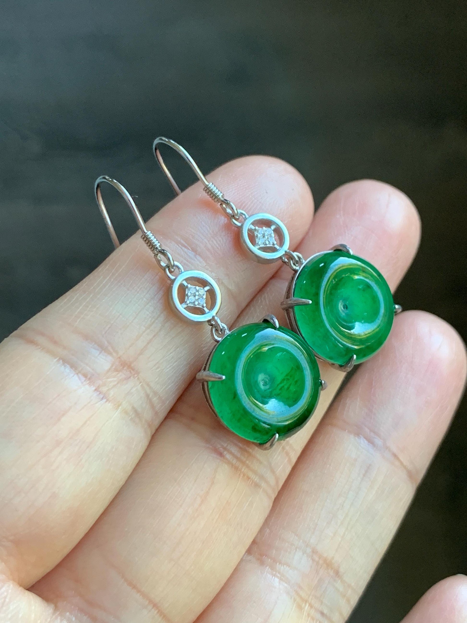 Natural Grade A Guatemalan Icy Translucent Vibrant Green Jade Jadeite Ping An Kou Donut Dangle Earrings Sterling Silver 天然冰危绿翡翠平安扣银耳钩 WDL119
