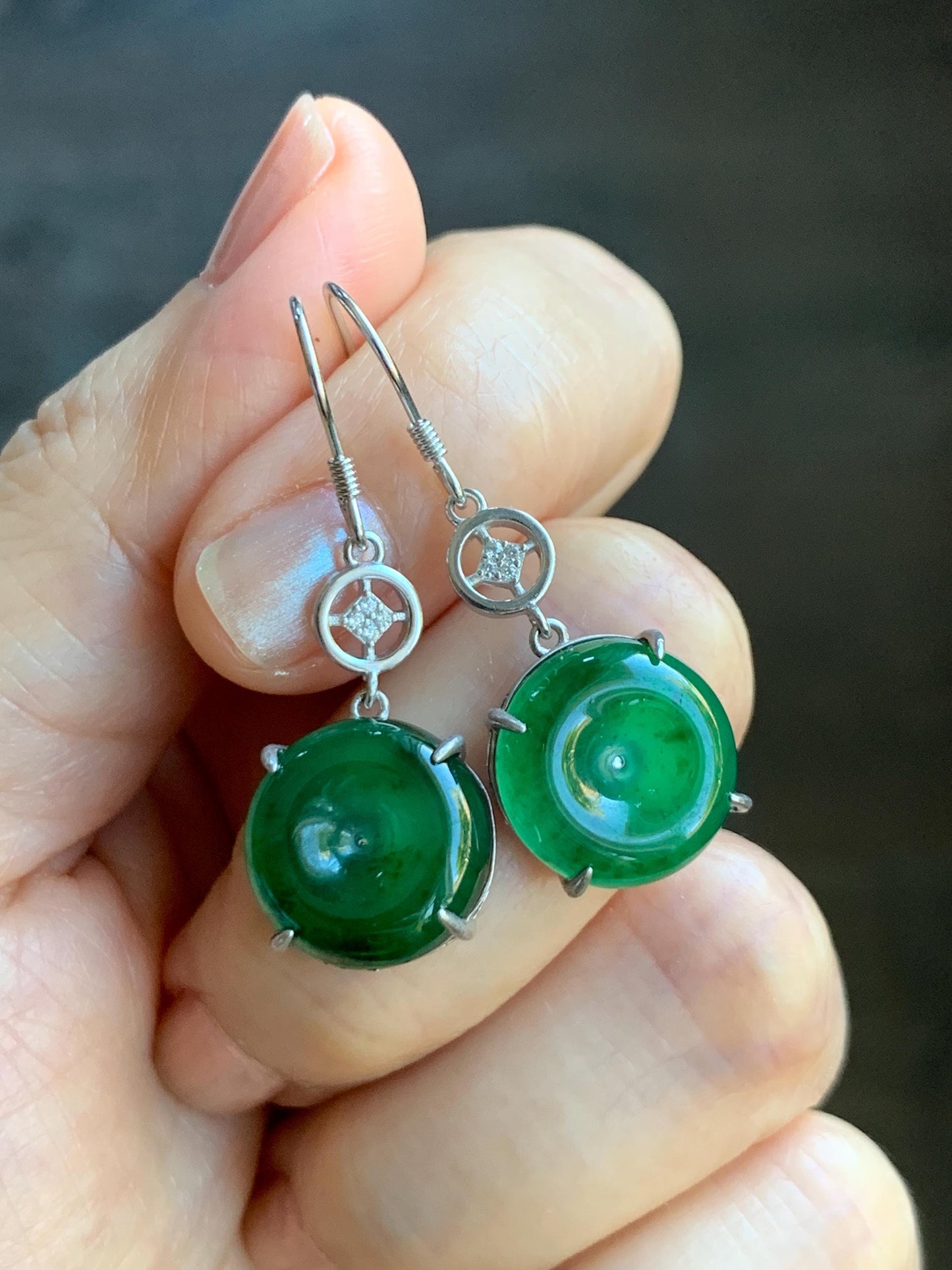 Natural Grade A Guatemalan Icy Translucent Vibrant Green Jade Jadeite Ping An Kou Donut Dangle Earrings Sterling Silver 天然冰危绿翡翠平安扣银耳钩 WDL119
