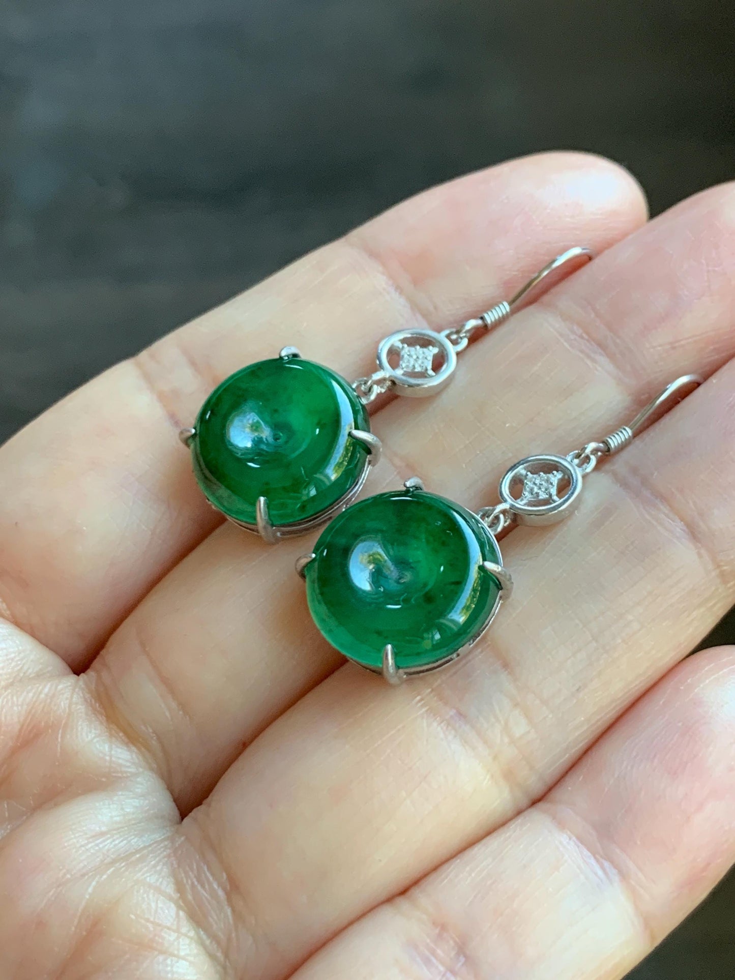 Natural Grade A Guatemalan Icy Translucent Vibrant Green Jade Jadeite Ping An Kou Donut Dangle Earrings Sterling Silver 天然冰危绿翡翠平安扣银耳钩 WDL119