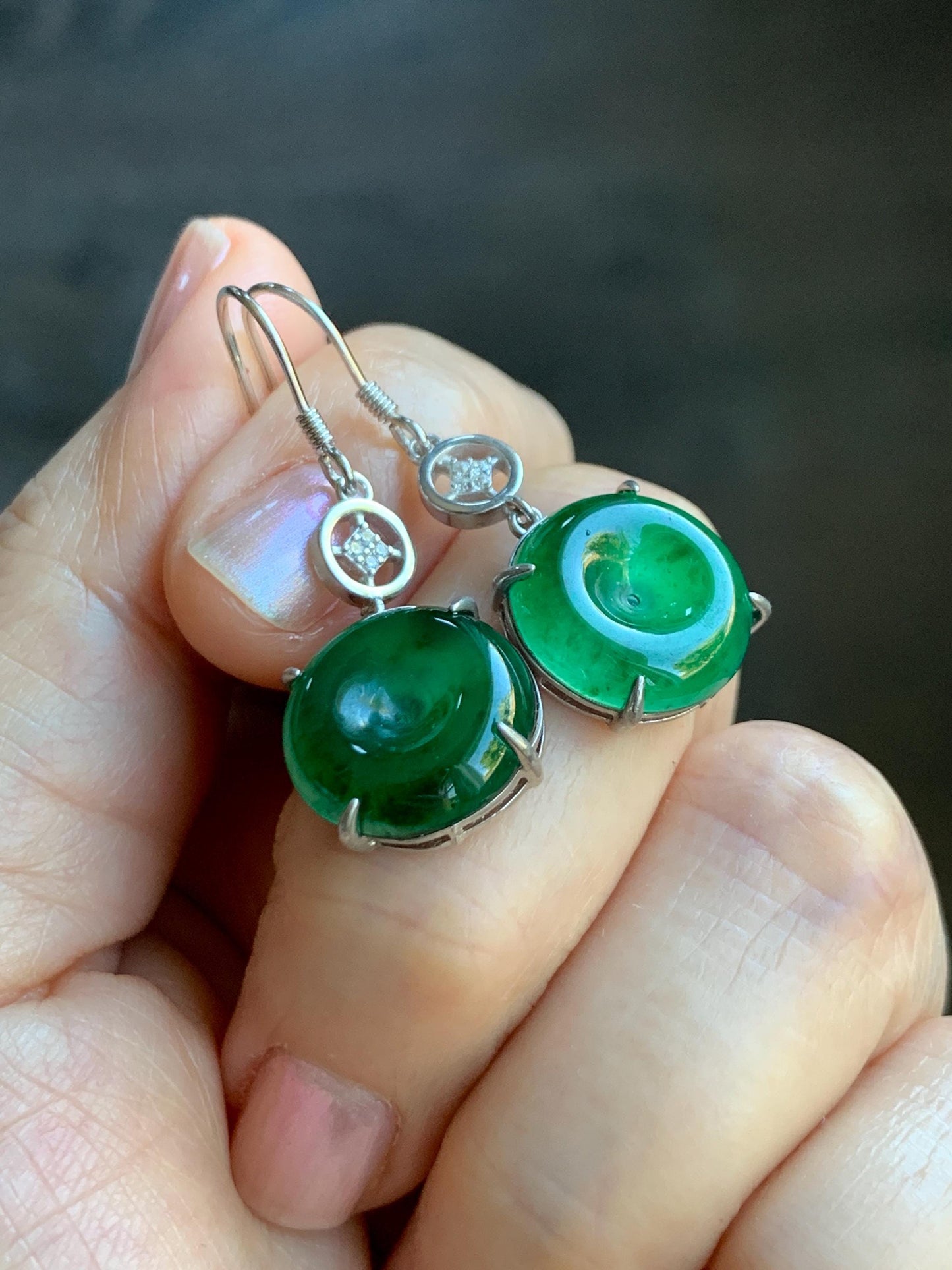 Natural Grade A Guatemalan Icy Translucent Vibrant Green Jade Jadeite Ping An Kou Donut Dangle Earrings Sterling Silver 天然冰危绿翡翠平安扣银耳钩 WDL119