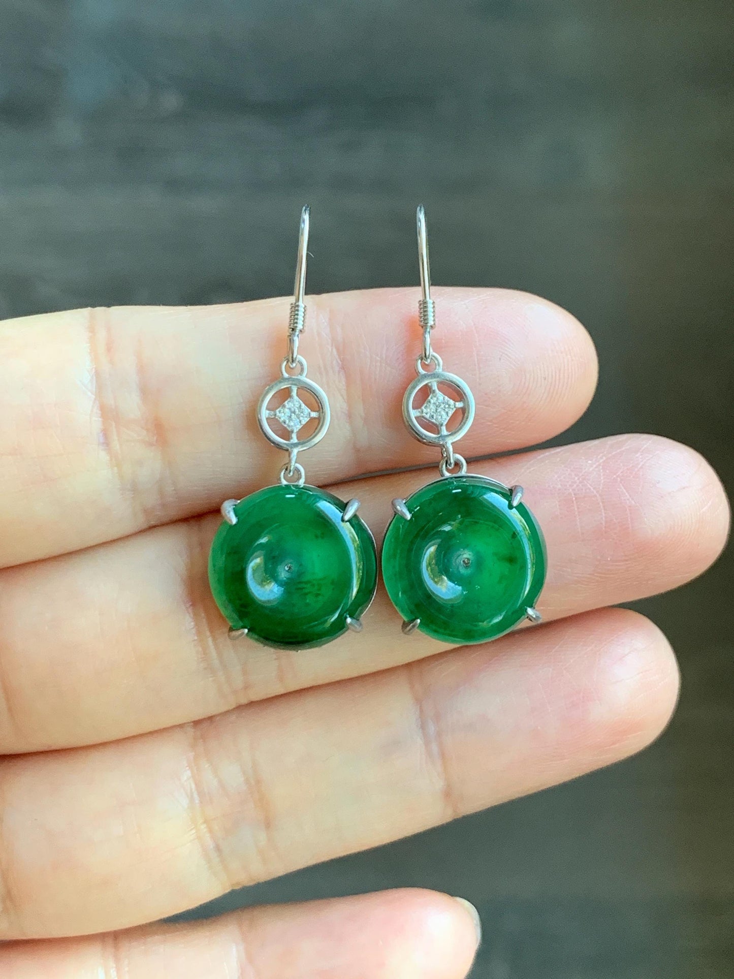 Natural Grade A Guatemalan Icy Translucent Vibrant Green Jade Jadeite Ping An Kou Donut Dangle Earrings Sterling Silver 天然冰危绿翡翠平安扣银耳钩 WDL119