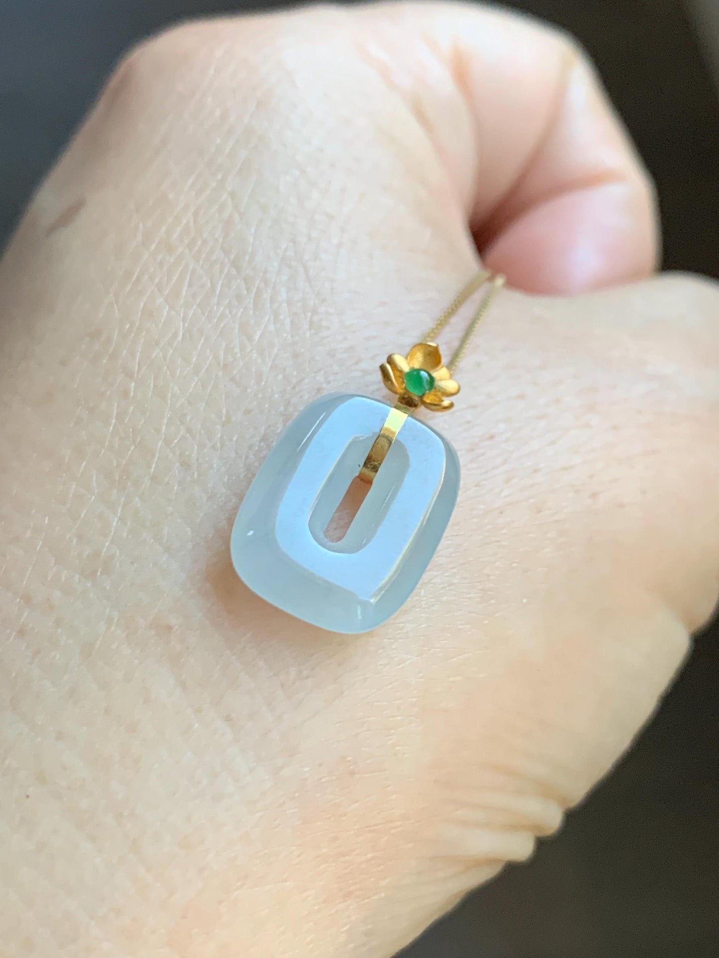 Certified Natural Grade A Icy Highly Translucent White Jade Jadeite Ping An Kou Donut Pendant 18K Yellow Gold 天然冰胶白翡翠平安扣镶嵌吊坠 098