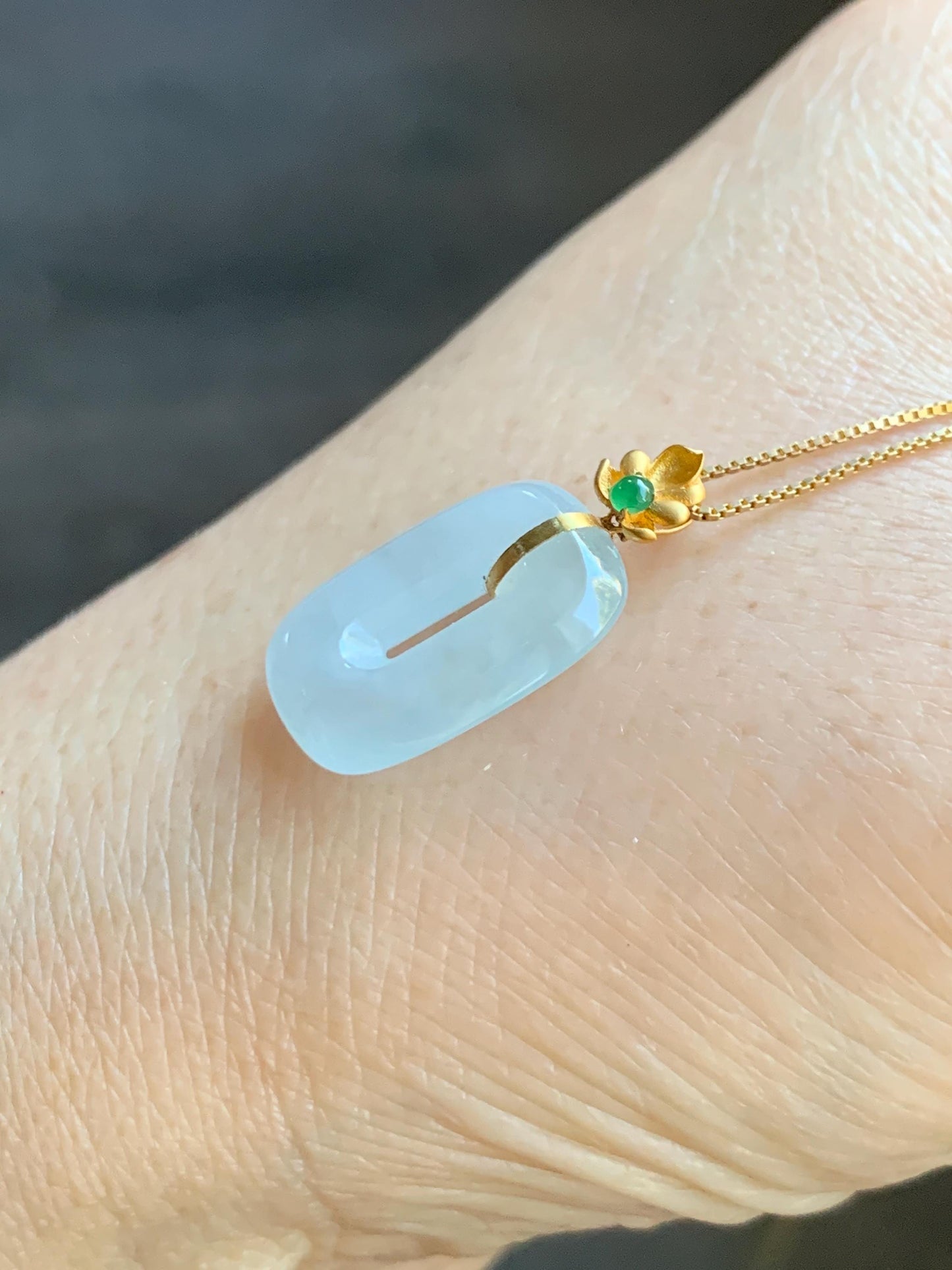 Certified Natural Grade A Icy Highly Translucent White Jade Jadeite Ping An Kou Donut Pendant 18K Yellow Gold 天然冰胶白翡翠平安扣镶嵌吊坠 098