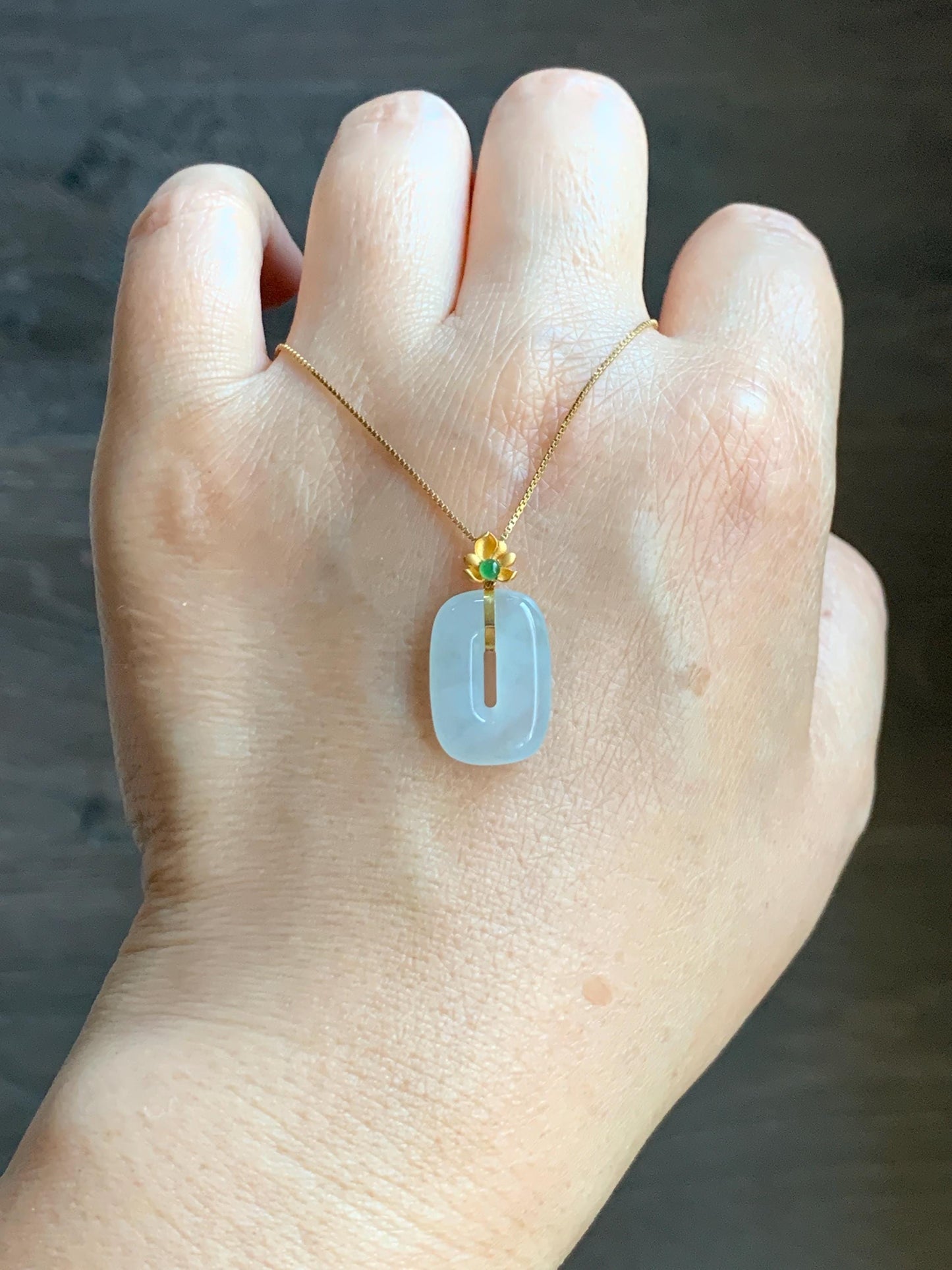 Certified Natural Grade A Icy Highly Translucent White Jade Jadeite Ping An Kou Donut Pendant 18K Yellow Gold 天然冰胶白翡翠平安扣镶嵌吊坠 098