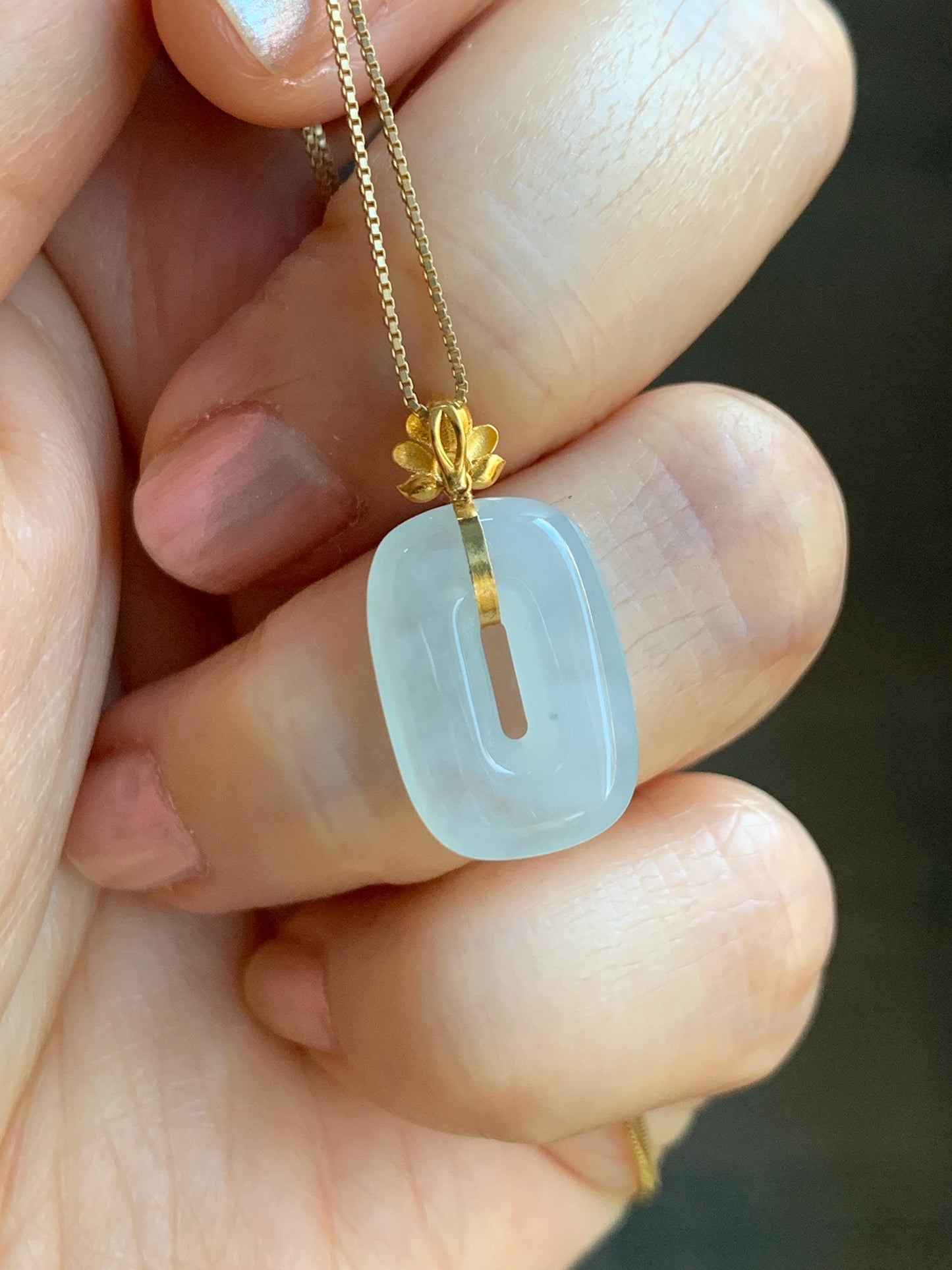 Certified Natural Grade A Icy Highly Translucent White Jade Jadeite Ping An Kou Donut Pendant 18K Yellow Gold 天然冰胶白翡翠平安扣镶嵌吊坠 098