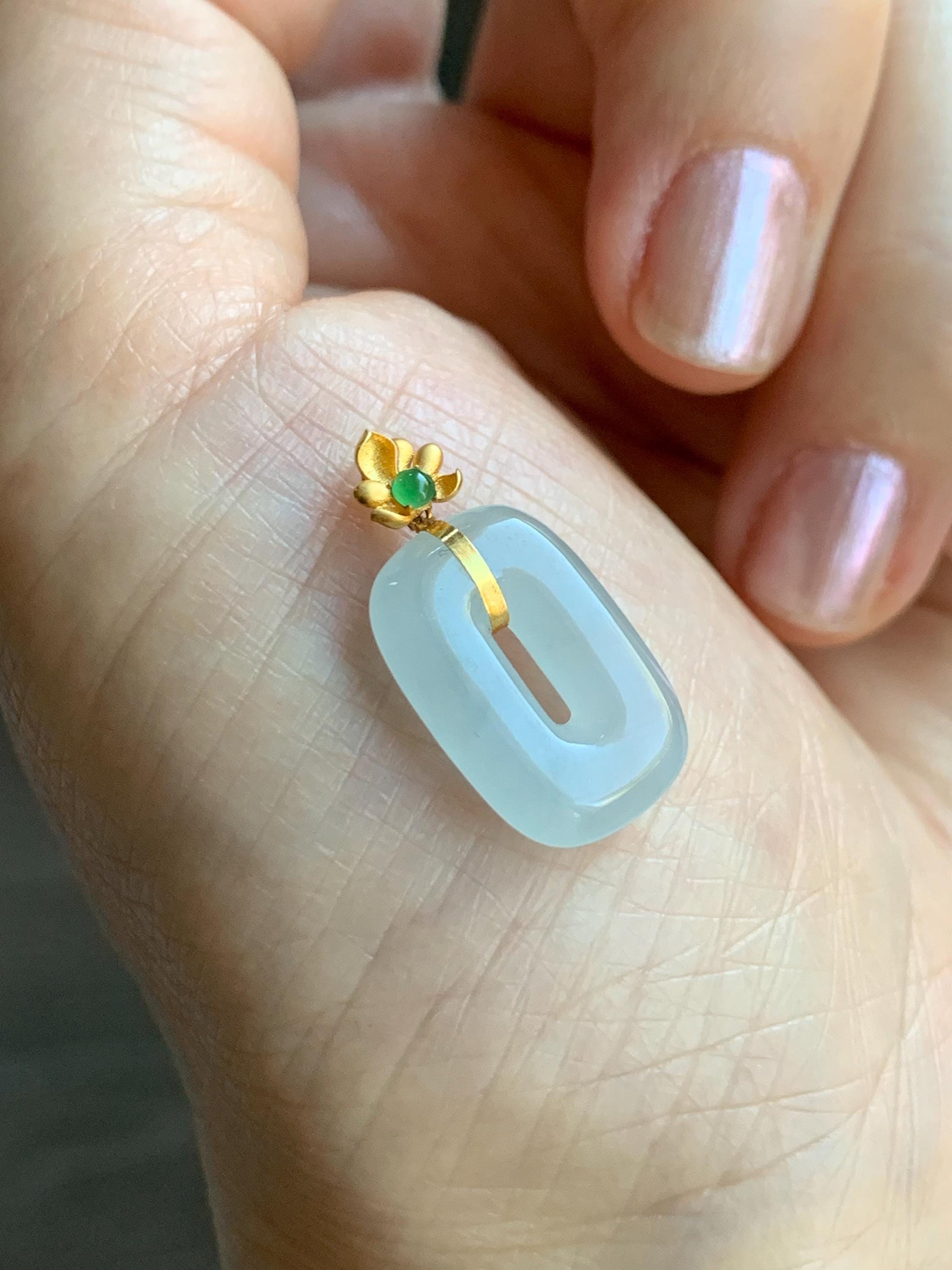 Certified Natural Grade A Icy Highly Translucent White Jade Jadeite Ping An Kou Donut Pendant 18K Yellow Gold 天然冰胶白翡翠平安扣镶嵌吊坠 098