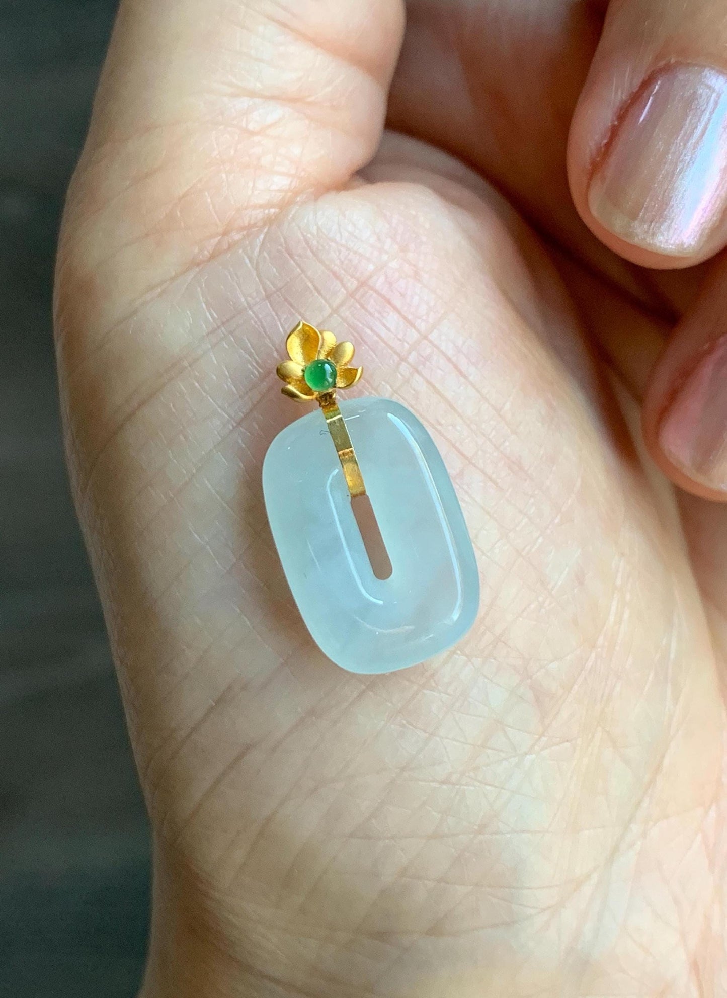 Certified Natural Grade A Icy Highly Translucent White Jade Jadeite Ping An Kou Donut Pendant 18K Yellow Gold 天然冰胶白翡翠平安扣镶嵌吊坠 098