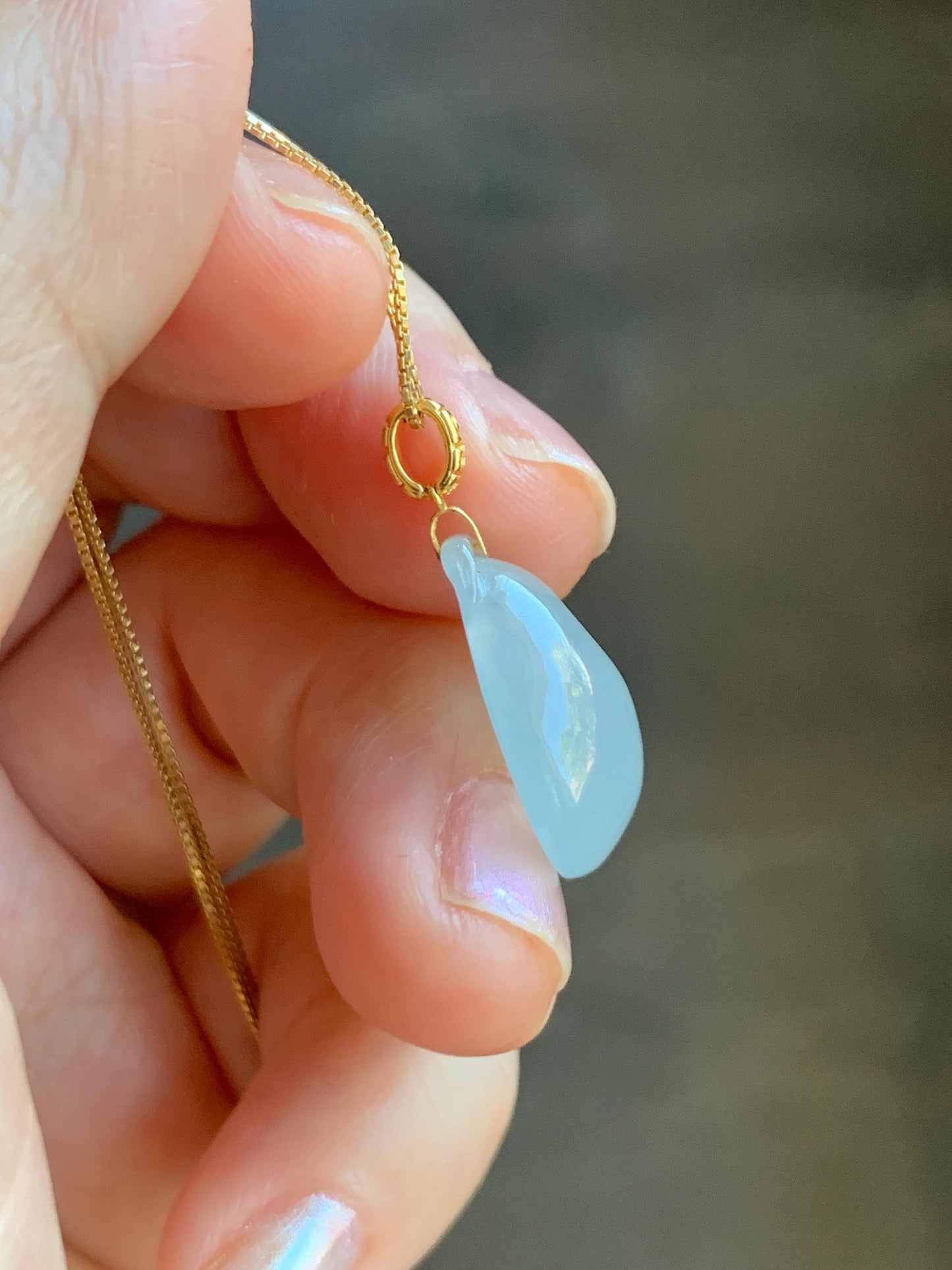 Natural Grade A Icy Highly Translucent White Jade Jadeite Ruyi Pendant 18K Yellow Gold Bail 天然冰胶白翡翠如意镶嵌吊坠 MBR280