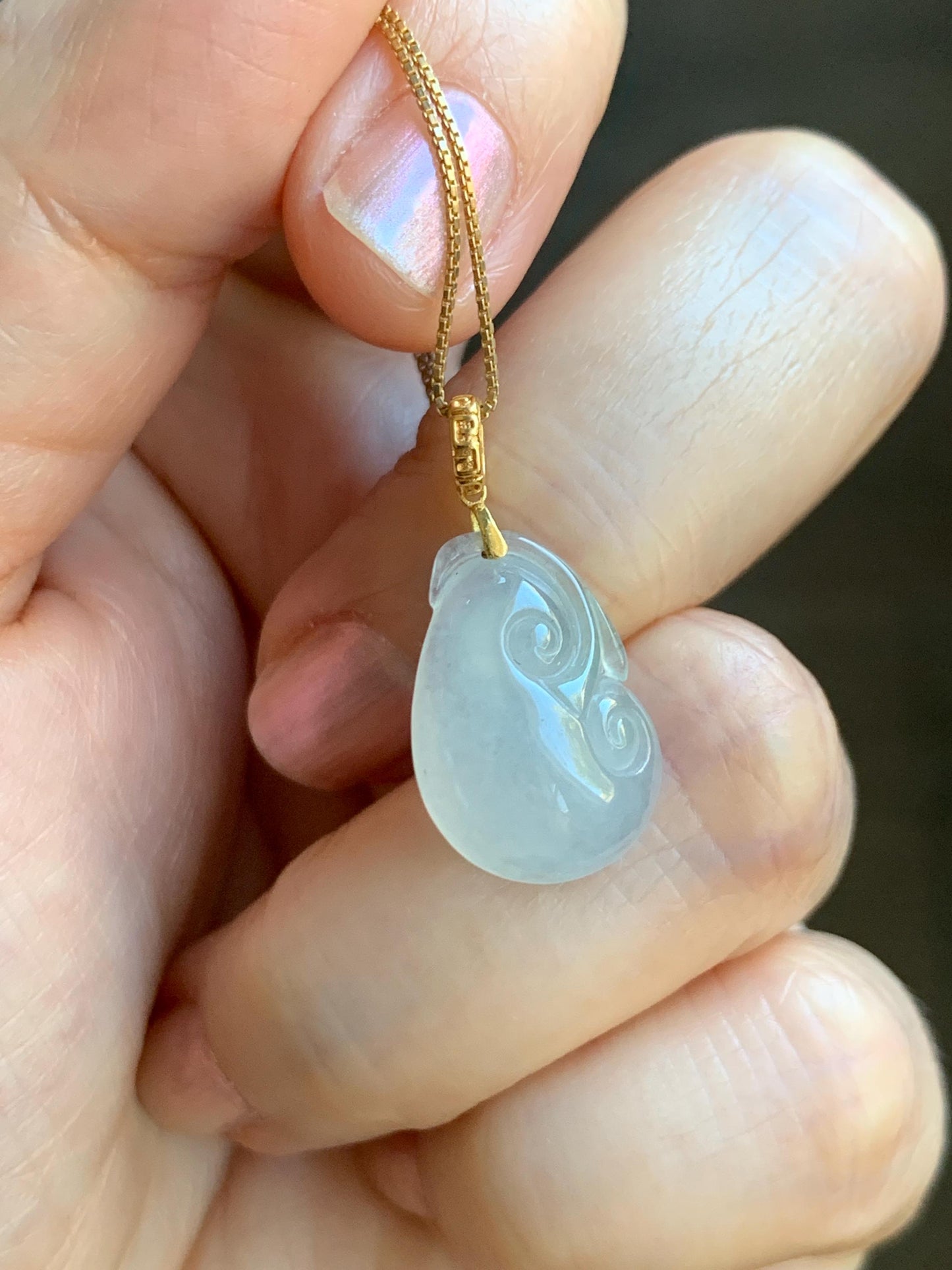 Natural Grade A Icy Highly Translucent White Jade Jadeite Ruyi Pendant 18K Yellow Gold Bail 天然冰胶白翡翠如意镶嵌吊坠 MBR280