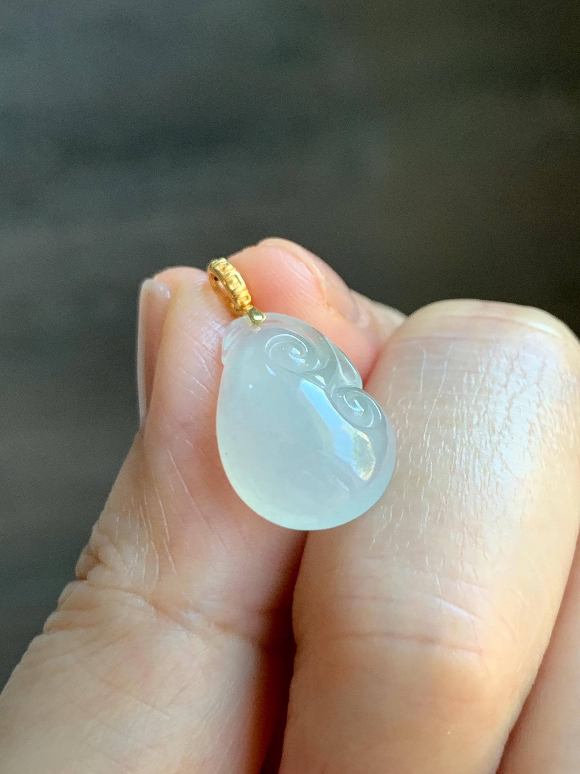 Natural Grade A Icy Highly Translucent White Jade Jadeite Ruyi Pendant 18K Yellow Gold Bail 天然冰胶白翡翠如意镶嵌吊坠 MBR280