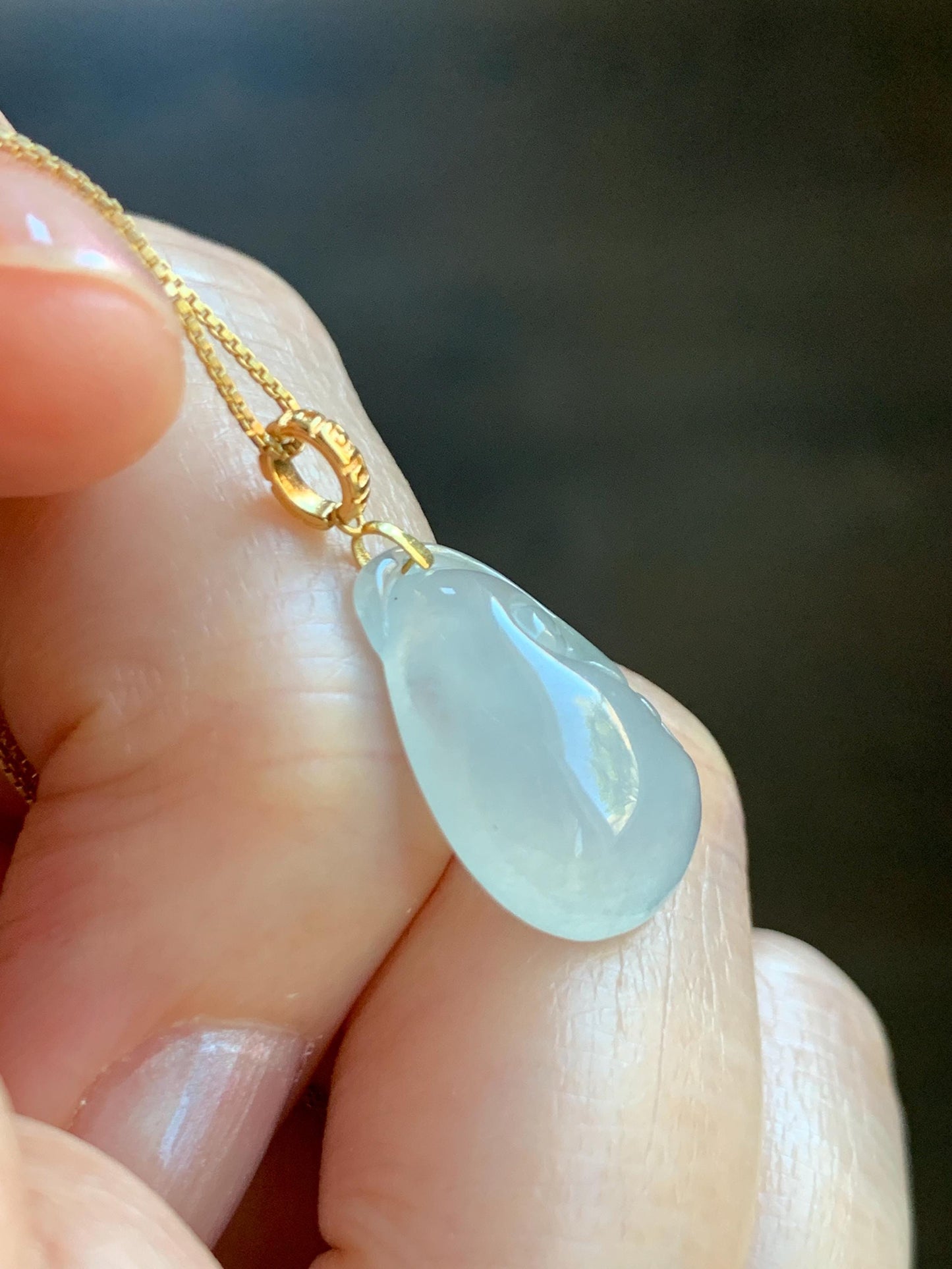 Natural Grade A Icy Highly Translucent White Jade Jadeite Ruyi Pendant 18K Yellow Gold Bail 天然冰胶白翡翠如意镶嵌吊坠 MBR280