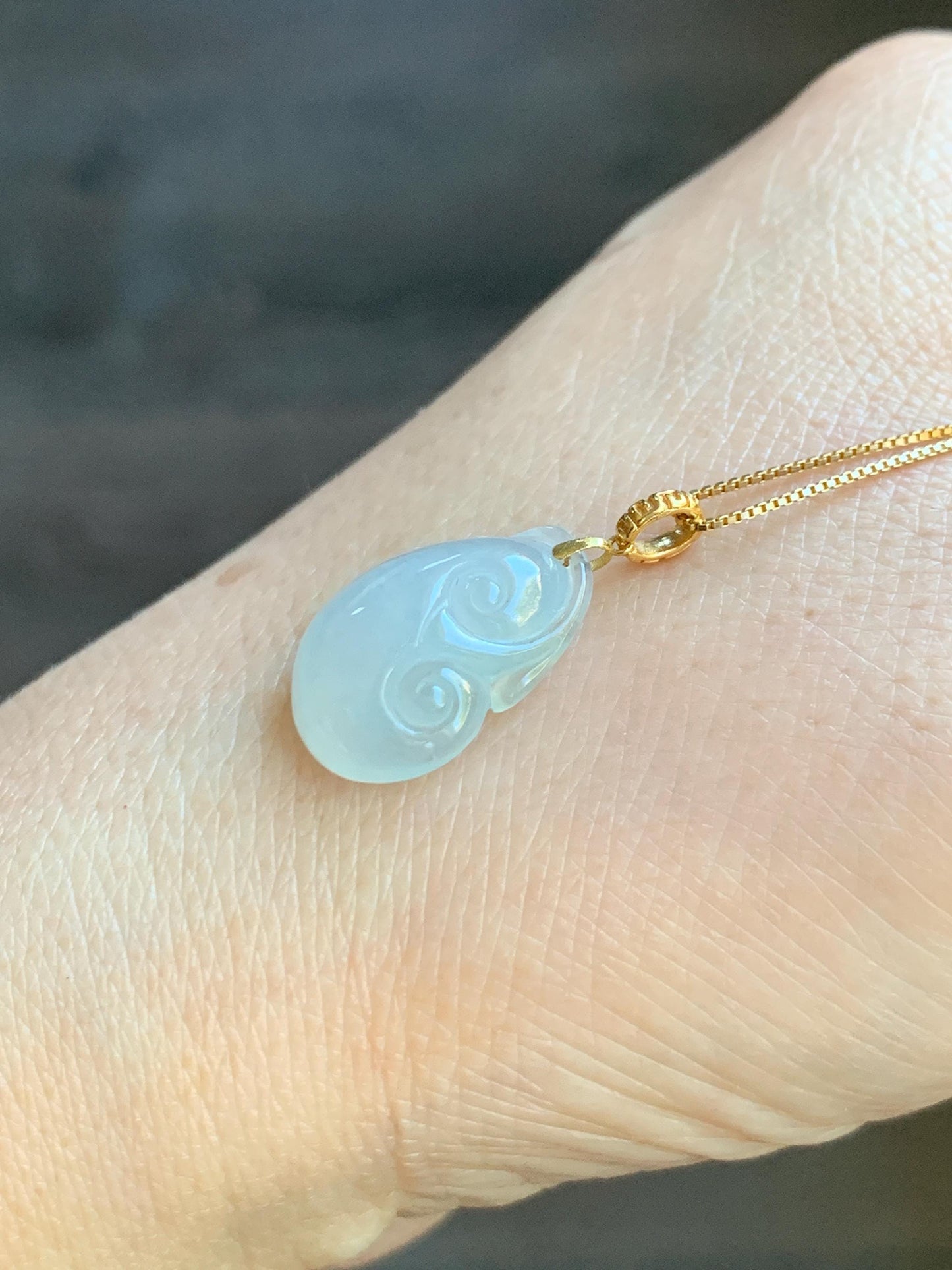 Natural Grade A Icy Highly Translucent White Jade Jadeite Ruyi Pendant 18K Yellow Gold Bail 天然冰胶白翡翠如意镶嵌吊坠 MBR280