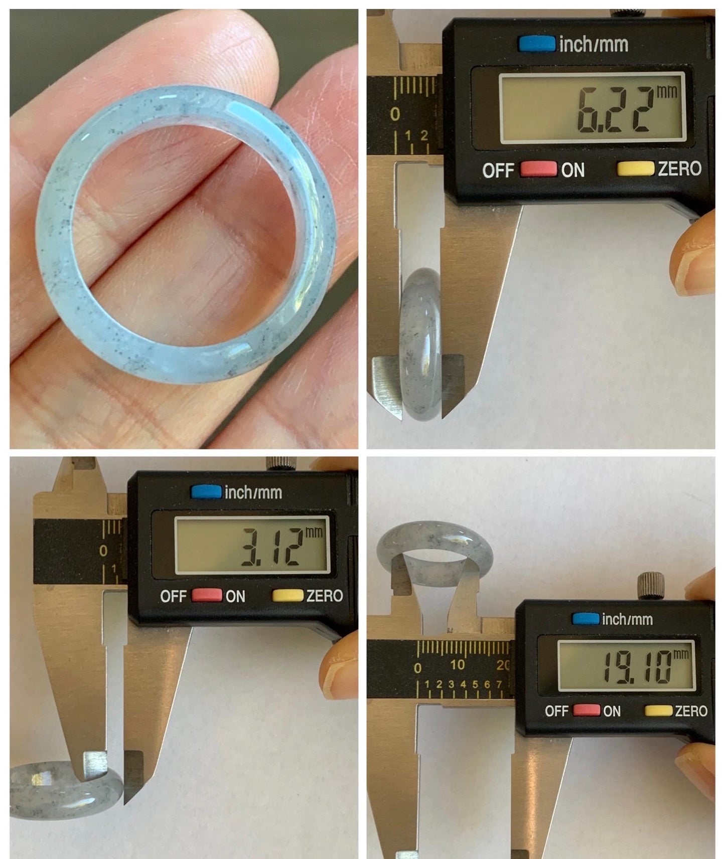 Natural Grade A Icy Translucent Light Gray Wuji Marbled Jade Jadeite Band Ring Size 9 US 天然冰胶乌鸡翡翠戒圈 MWJ66