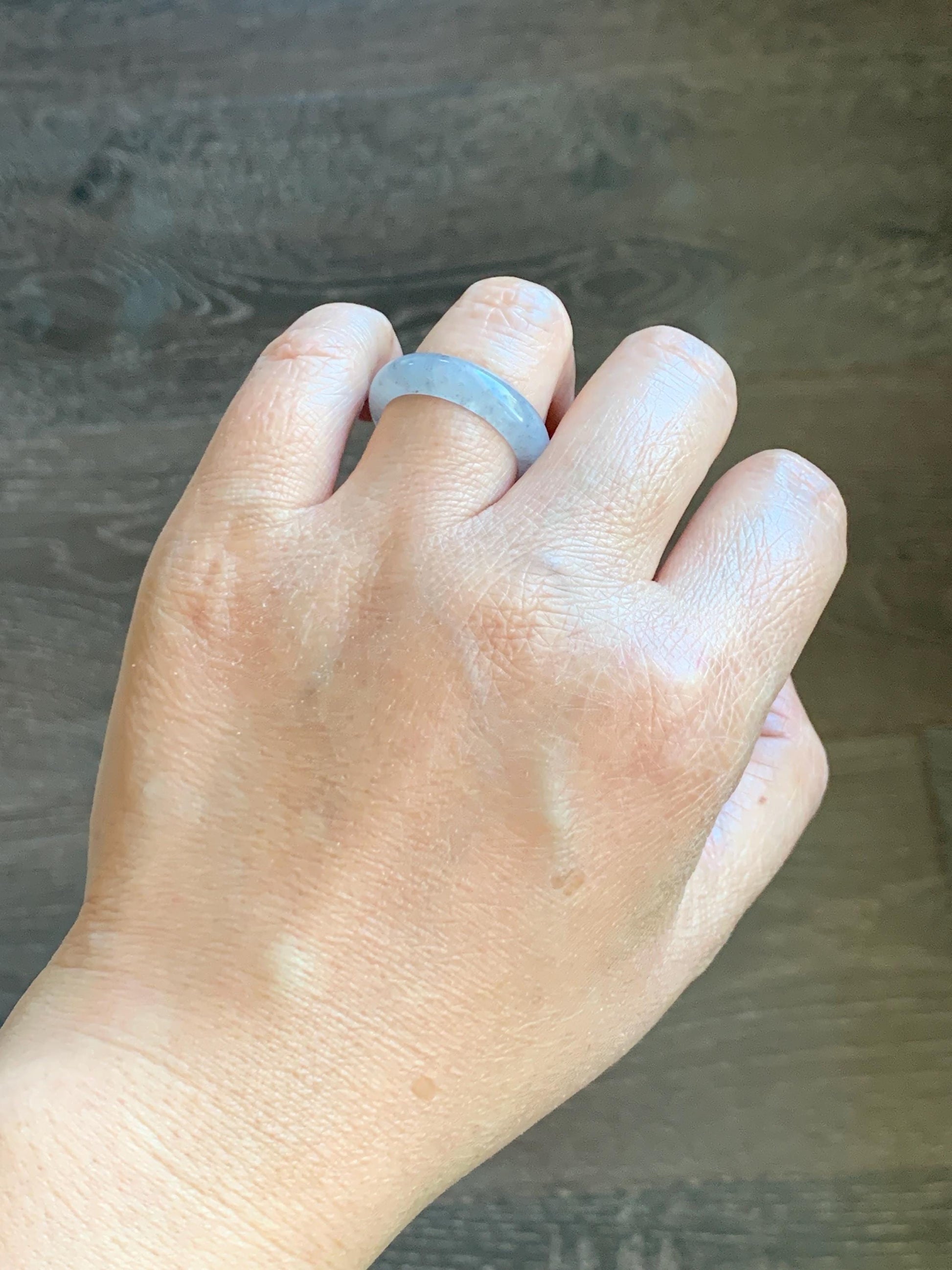 Natural Grade A Icy Translucent Light Gray Wuji Marbled Jade Jadeite Band Ring Size 9 US 天然冰胶乌鸡翡翠戒圈 MWJ66