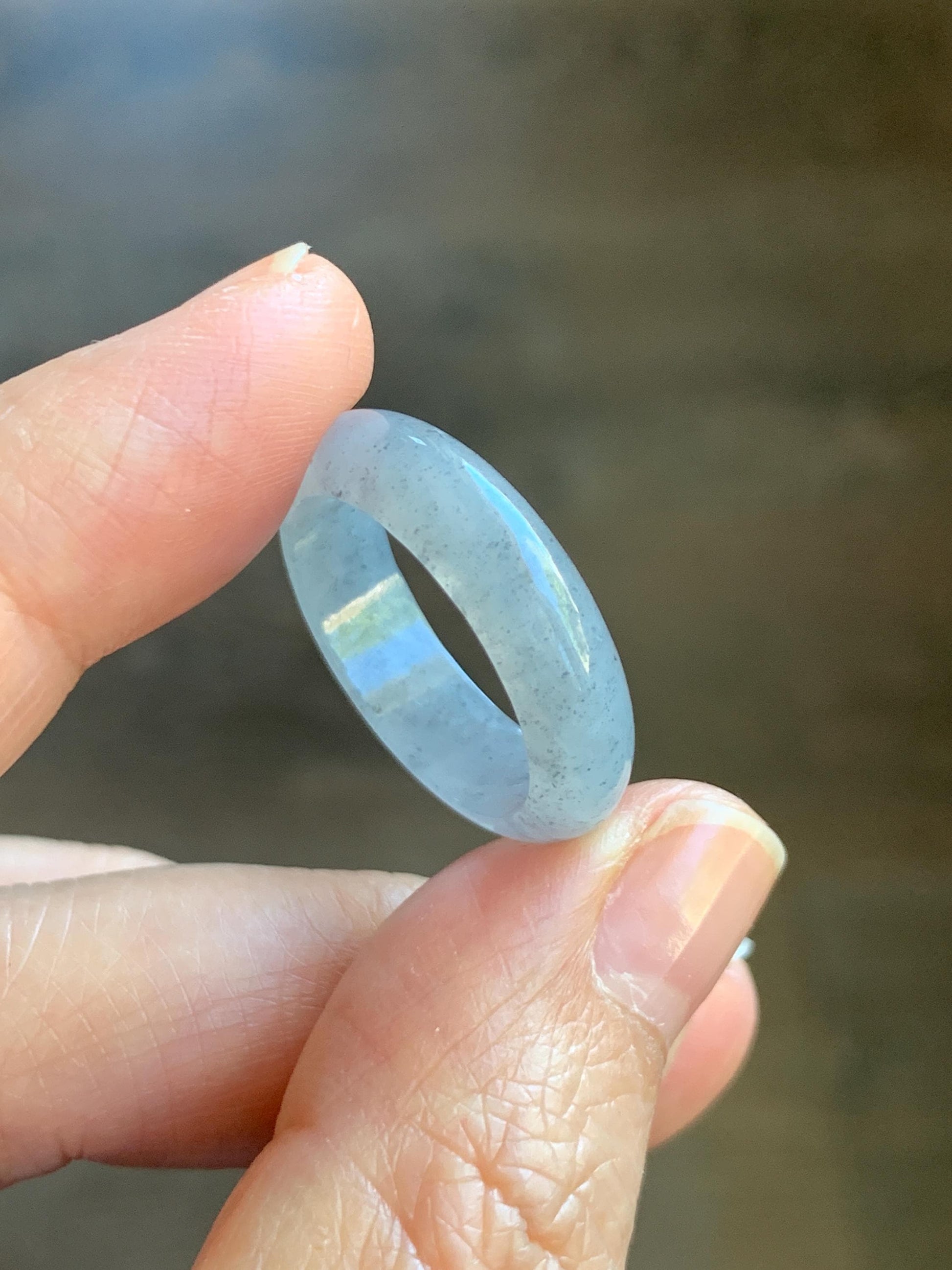 Natural Grade A Icy Translucent Light Gray Wuji Marbled Jade Jadeite Band Ring Size 9 US 天然冰胶乌鸡翡翠戒圈 MWJ66