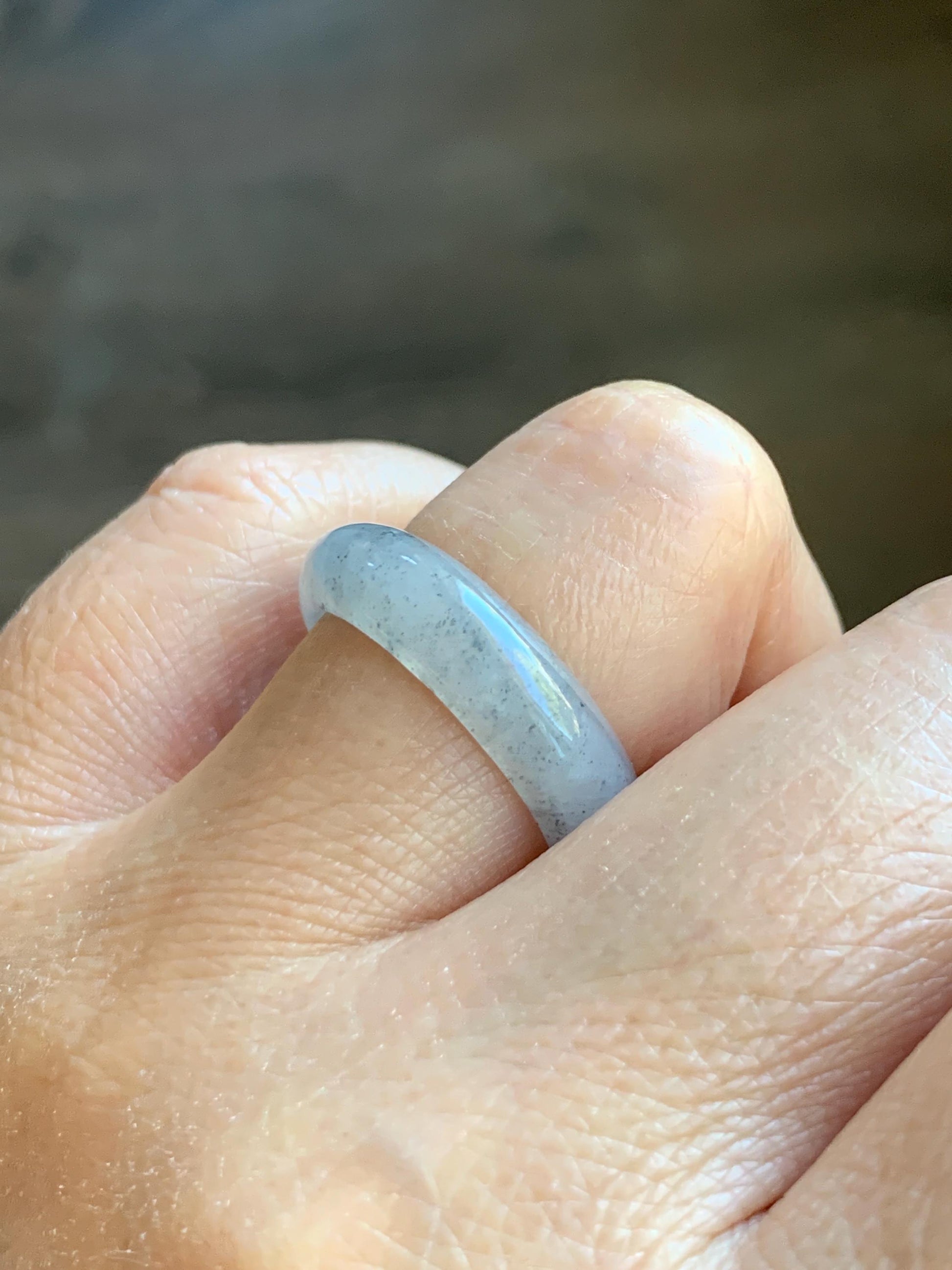 Natural Grade A Icy Translucent Light Gray Wuji Marbled Jade Jadeite Band Ring Size 9 US 天然冰胶乌鸡翡翠戒圈 MWJ66