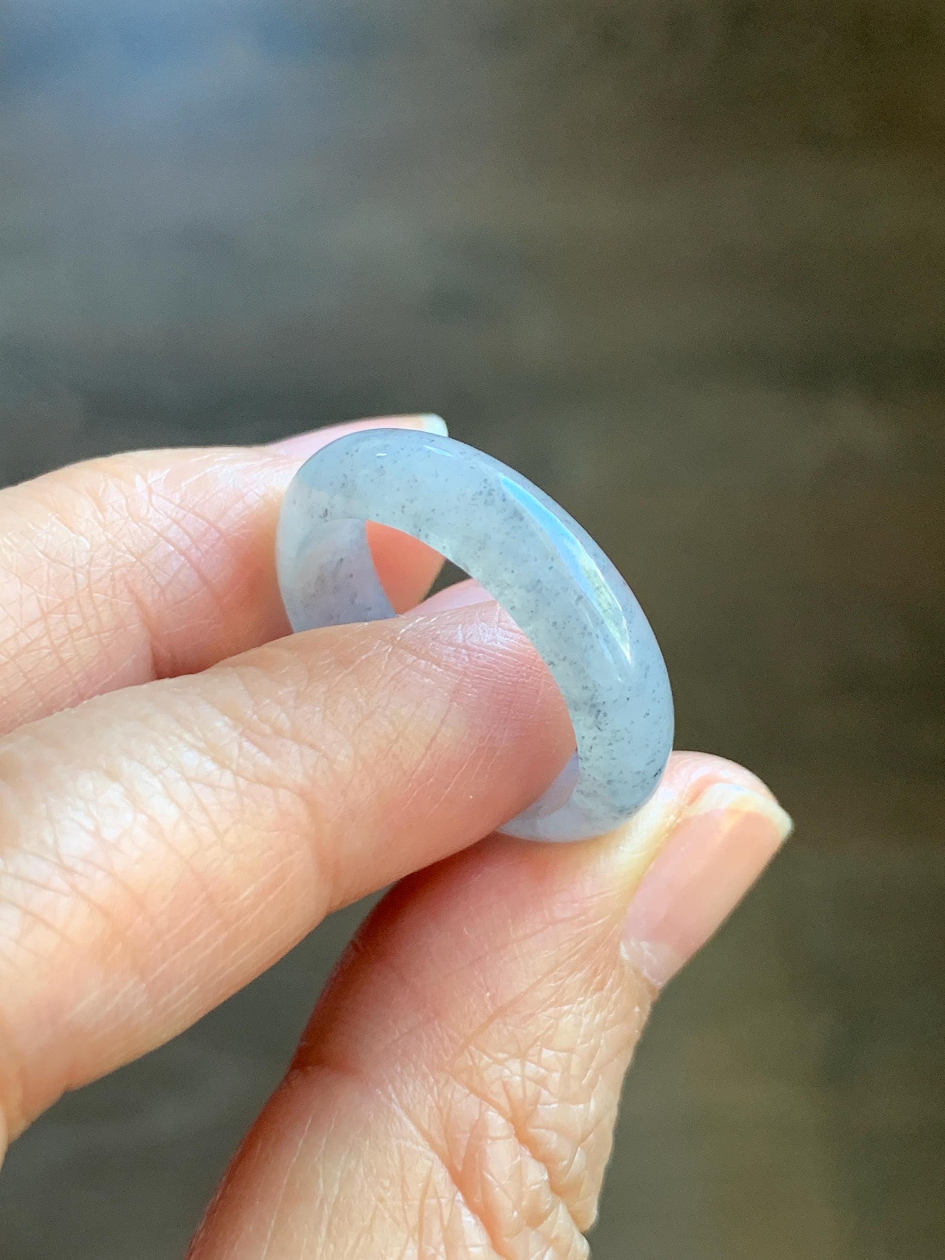 Natural Grade A Icy Translucent Light Gray Wuji Marbled Jade Jadeite Band Ring Size 9 US 天然冰胶乌鸡翡翠戒圈 MWJ66