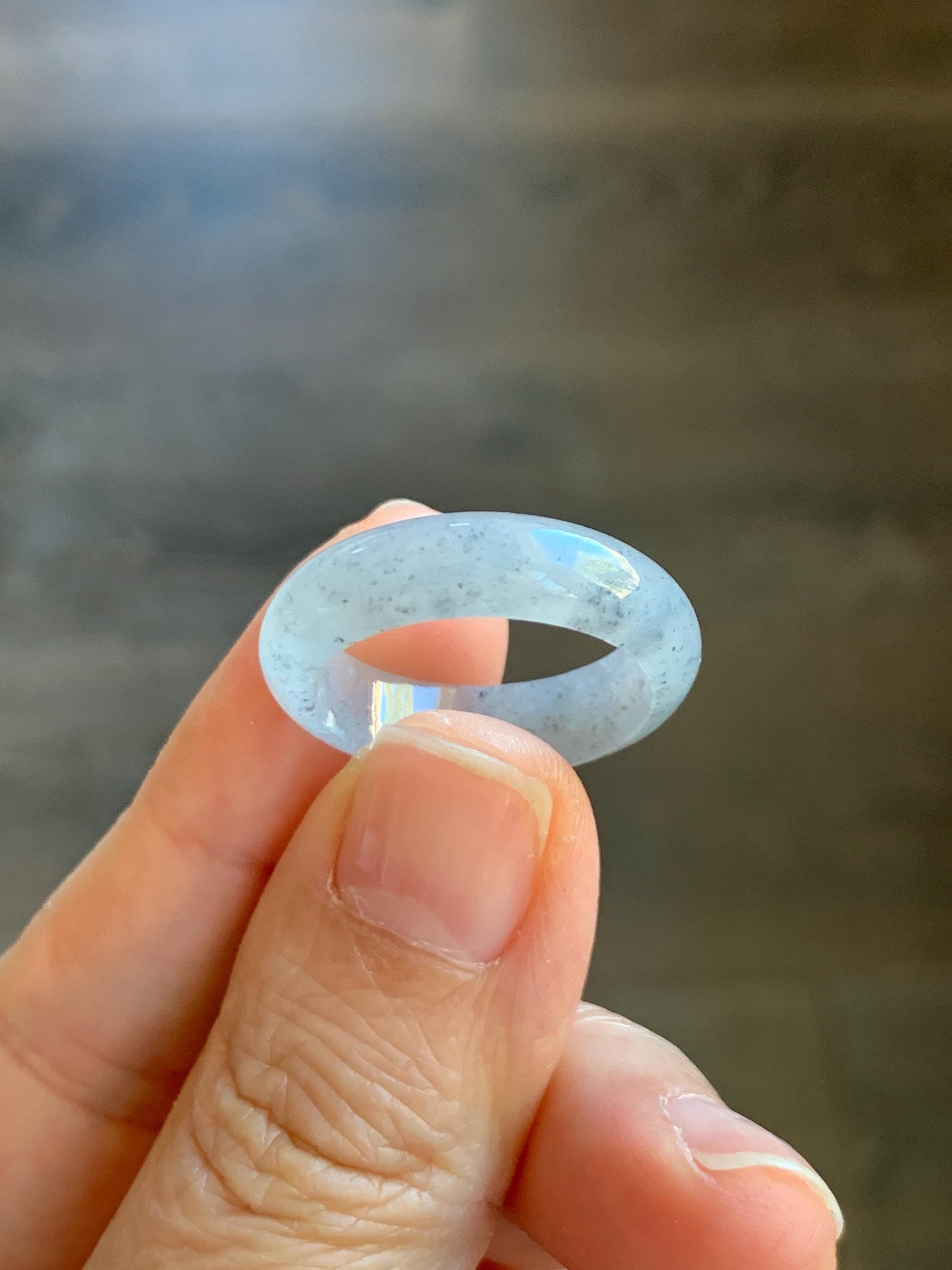 Natural Grade A Icy Translucent Light Gray Wuji Marbled Jade Jadeite Band Ring Size 9 US 天然冰胶乌鸡翡翠戒圈 MWJ66