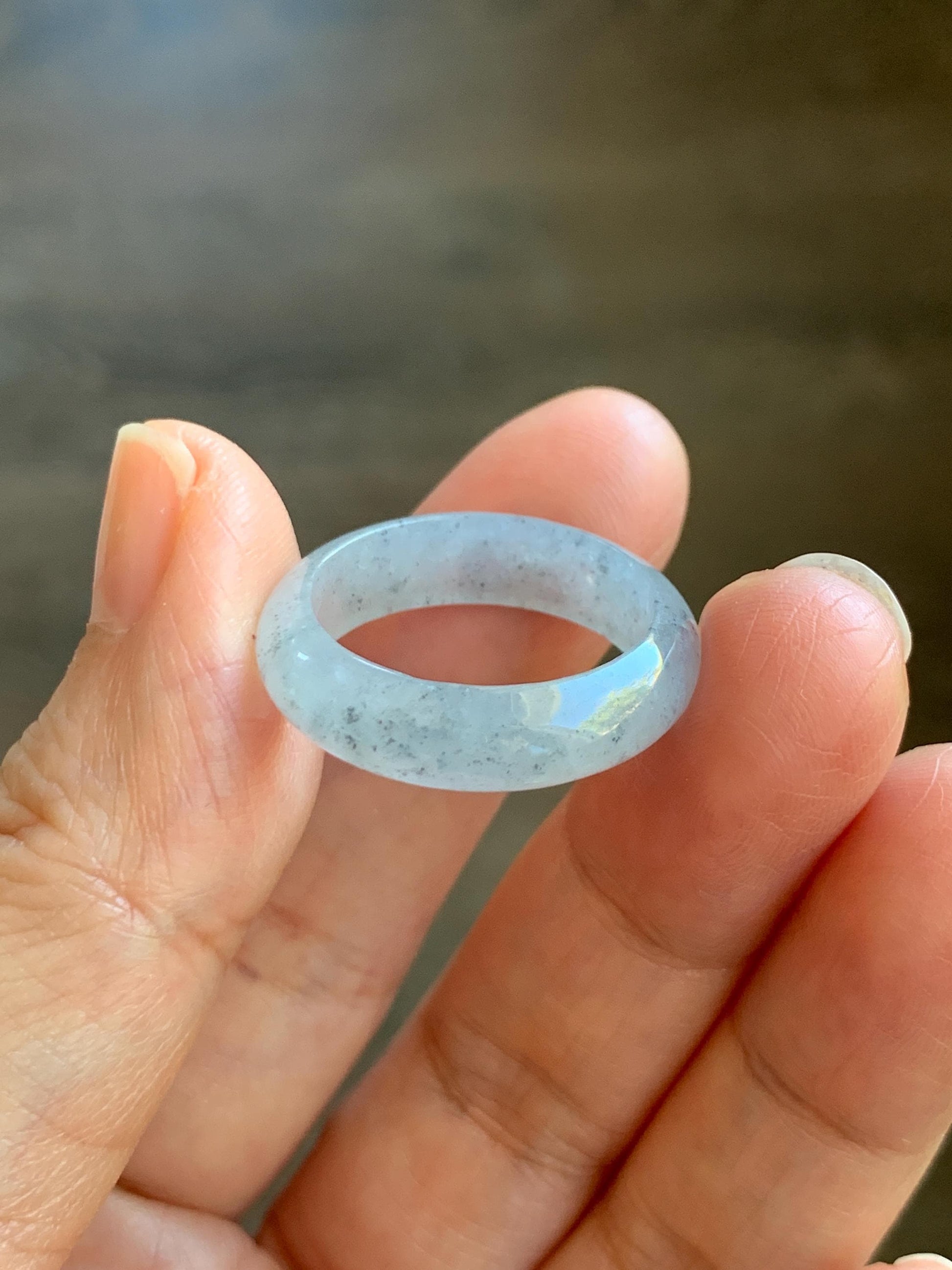 Natural Grade A Icy Translucent Light Gray Wuji Marbled Jade Jadeite Band Ring Size 9 US 天然冰胶乌鸡翡翠戒圈 MWJ66