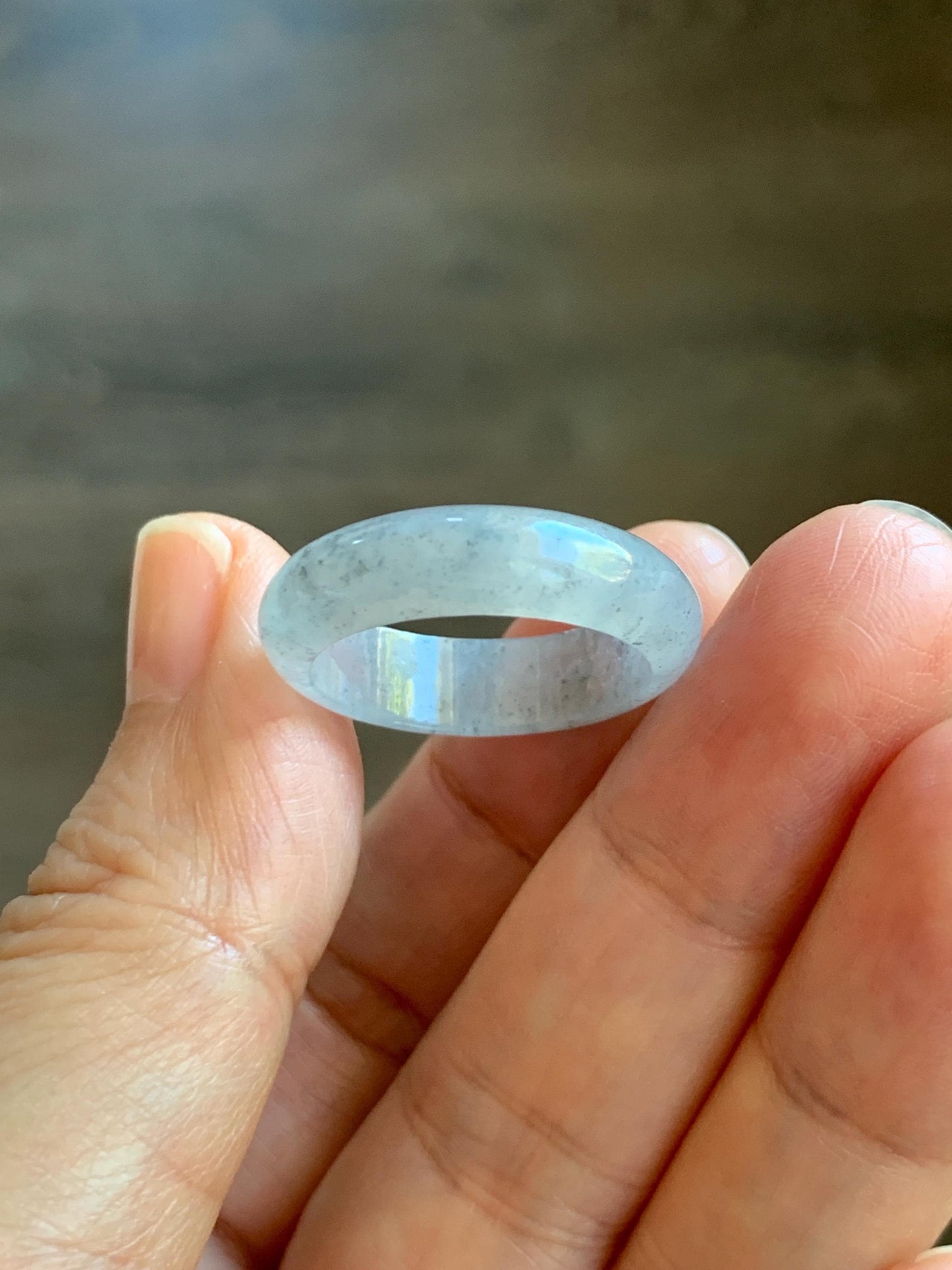 Natural Grade A Icy Translucent Light Gray Wuji Marbled Jade Jadeite Band Ring Size 9 US 天然冰胶乌鸡翡翠戒圈 MWJ66