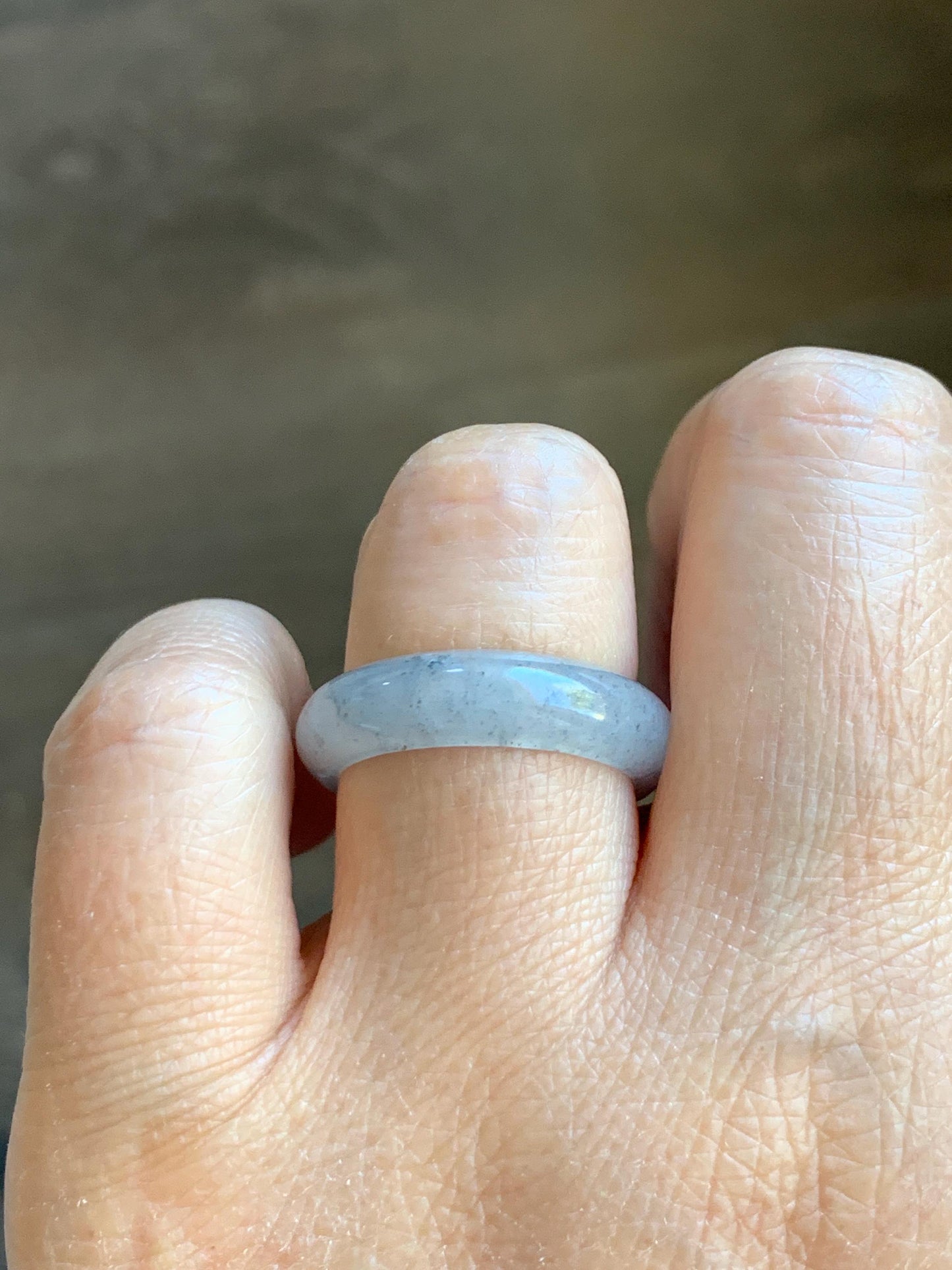 Natural Grade A Icy Translucent Light Gray Wuji Marbled Jade Jadeite Band Ring Size 9 US 天然冰胶乌鸡翡翠戒圈 MWJ66
