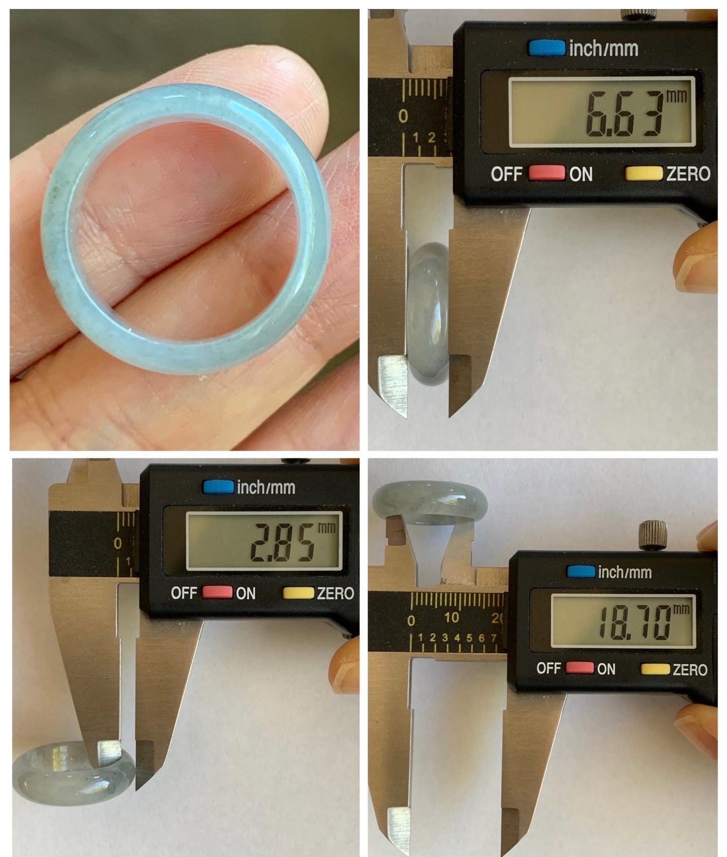Natural Grade A Icy Translucent Light Gray Wuji Marbled Jade Jadeite Band Ring Size 8.5 US 天然冰胶乌鸡翡翠戒圈 MWJ66A