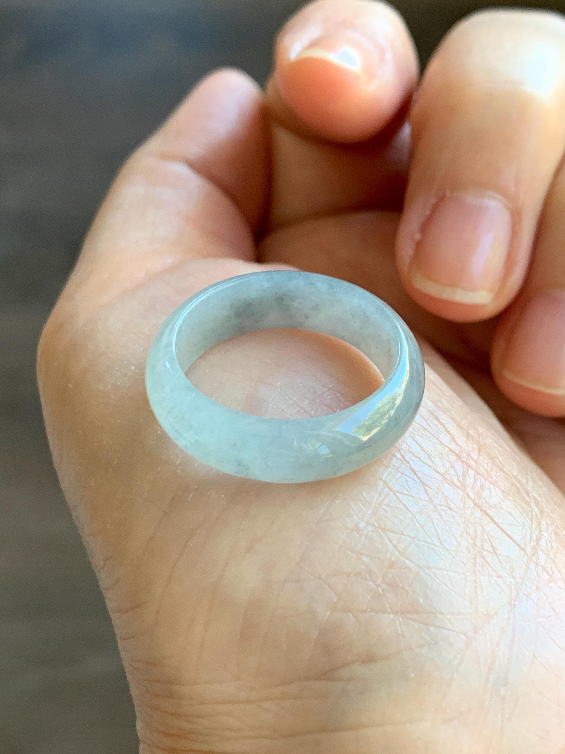 Natural Grade A Icy Translucent Light Gray Wuji Marbled Jade Jadeite Band Ring Size 8.5 US 天然冰胶乌鸡翡翠戒圈 MWJ66A