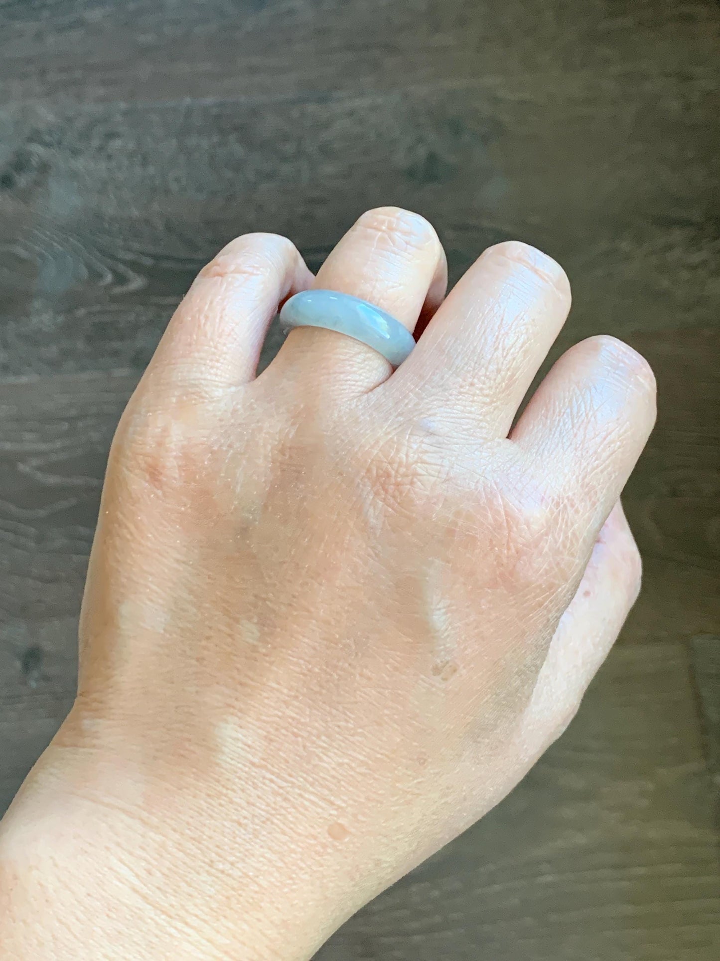 Natural Grade A Icy Translucent Light Gray Wuji Marbled Jade Jadeite Band Ring Size 8.5 US 天然冰胶乌鸡翡翠戒圈 MWJ66A