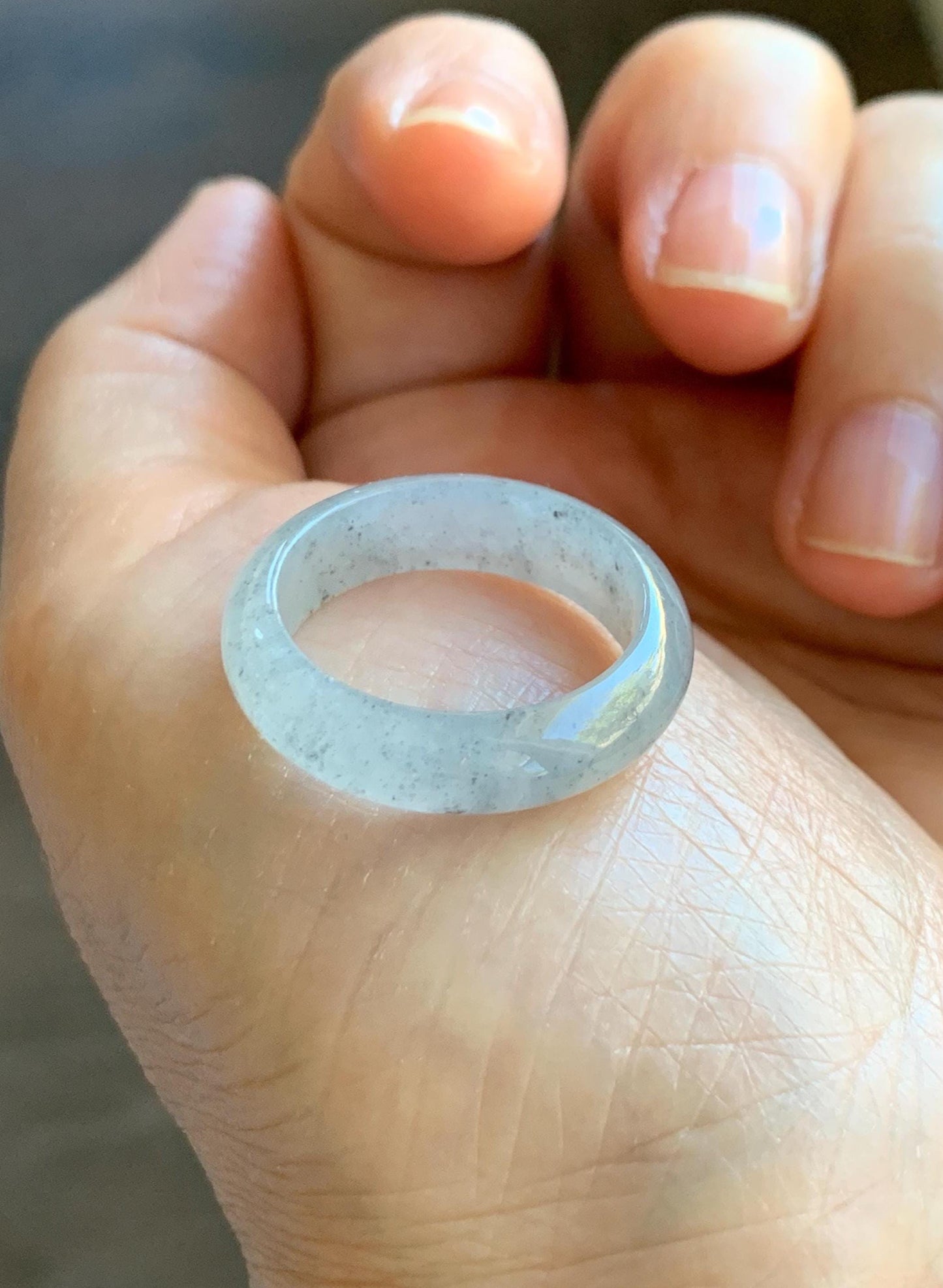 Natural Grade A Icy Translucent Light Gray Wuji Marbled Jade Jadeite Band Ring Size 9 US 天然冰胶乌鸡翡翠戒圈 MWJ66