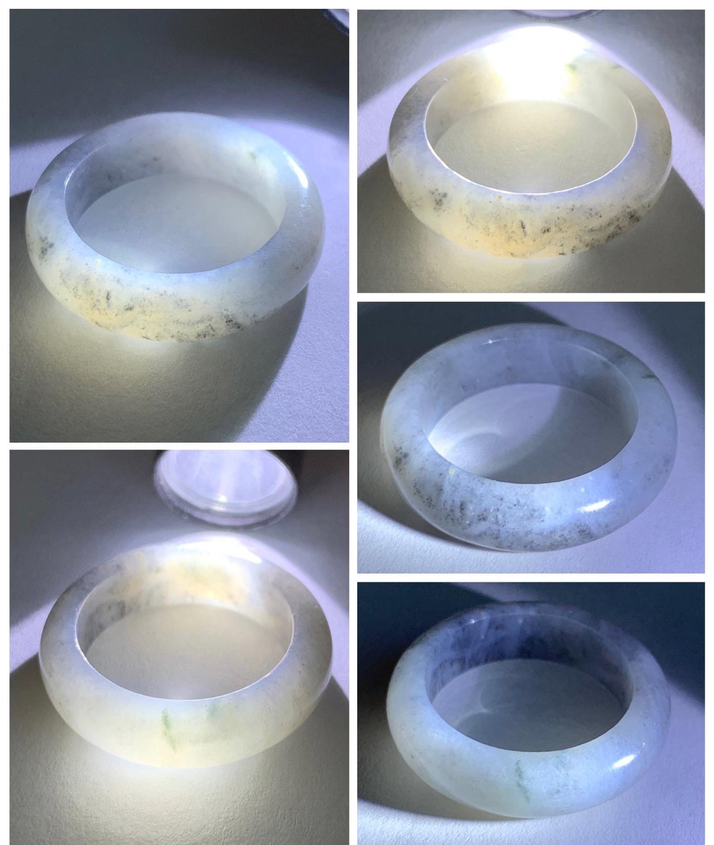Natural Grade A Icy Translucent Light Gray Wuji Marbled Jade Jadeite Band Ring Size 8.75 US 天然冰胶乌鸡翡翠戒圈 MWJ66B