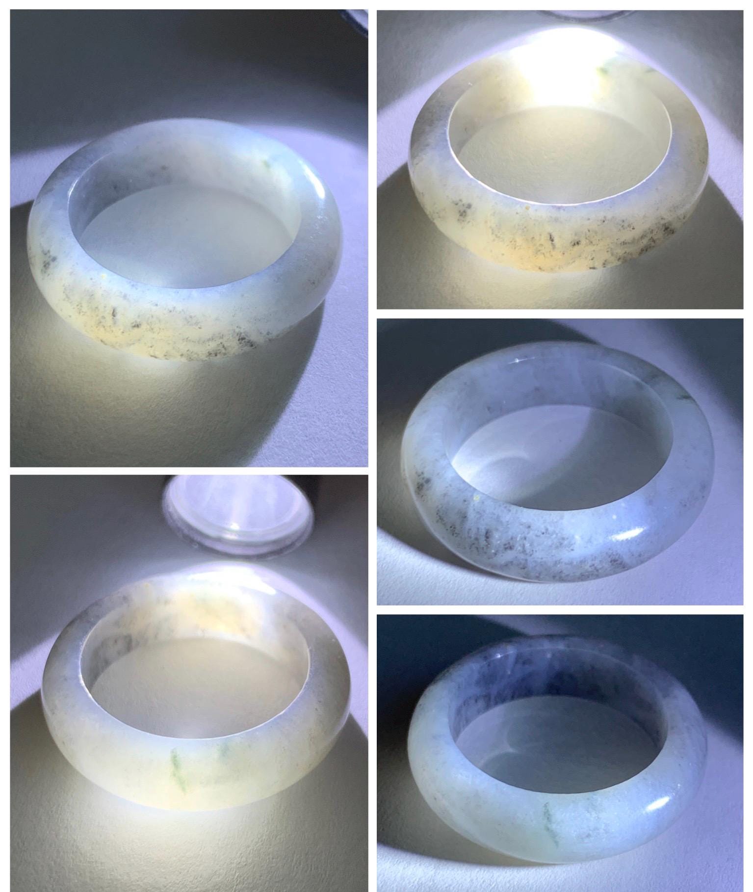 Natural Grade A Icy Translucent Light Gray Wuji Marbled Jade Jadeite Band Ring Size 8.75 US 天然冰胶乌鸡翡翠戒圈 MWJ66B
