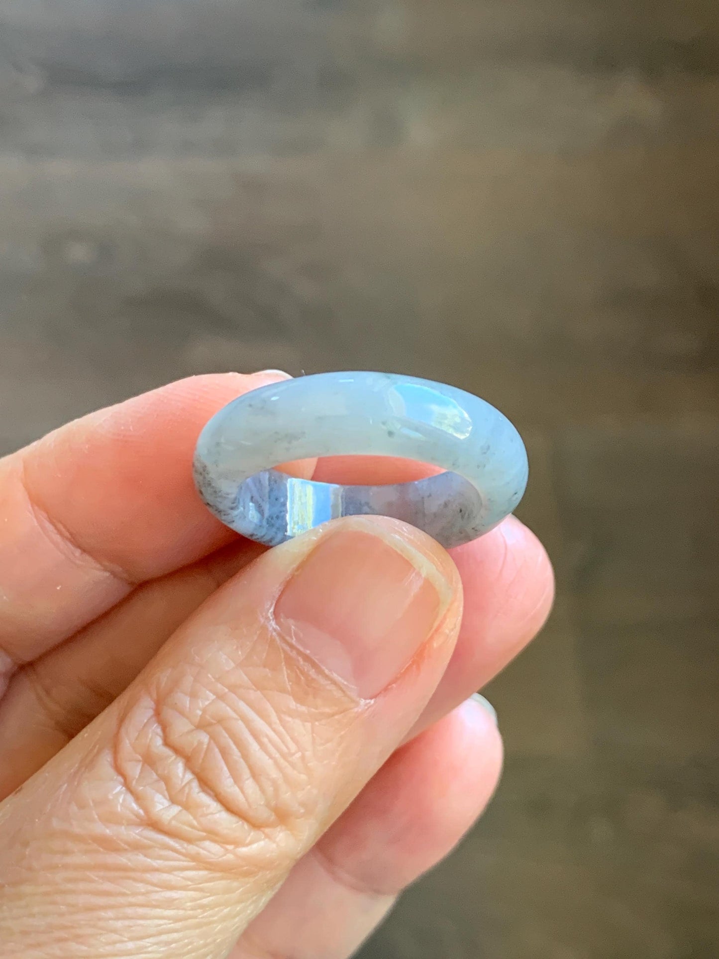 Natural Grade A Icy Translucent Light Gray Wuji Marbled Jade Jadeite Band Ring Size 8.75 US 天然冰胶乌鸡翡翠戒圈 MWJ66B