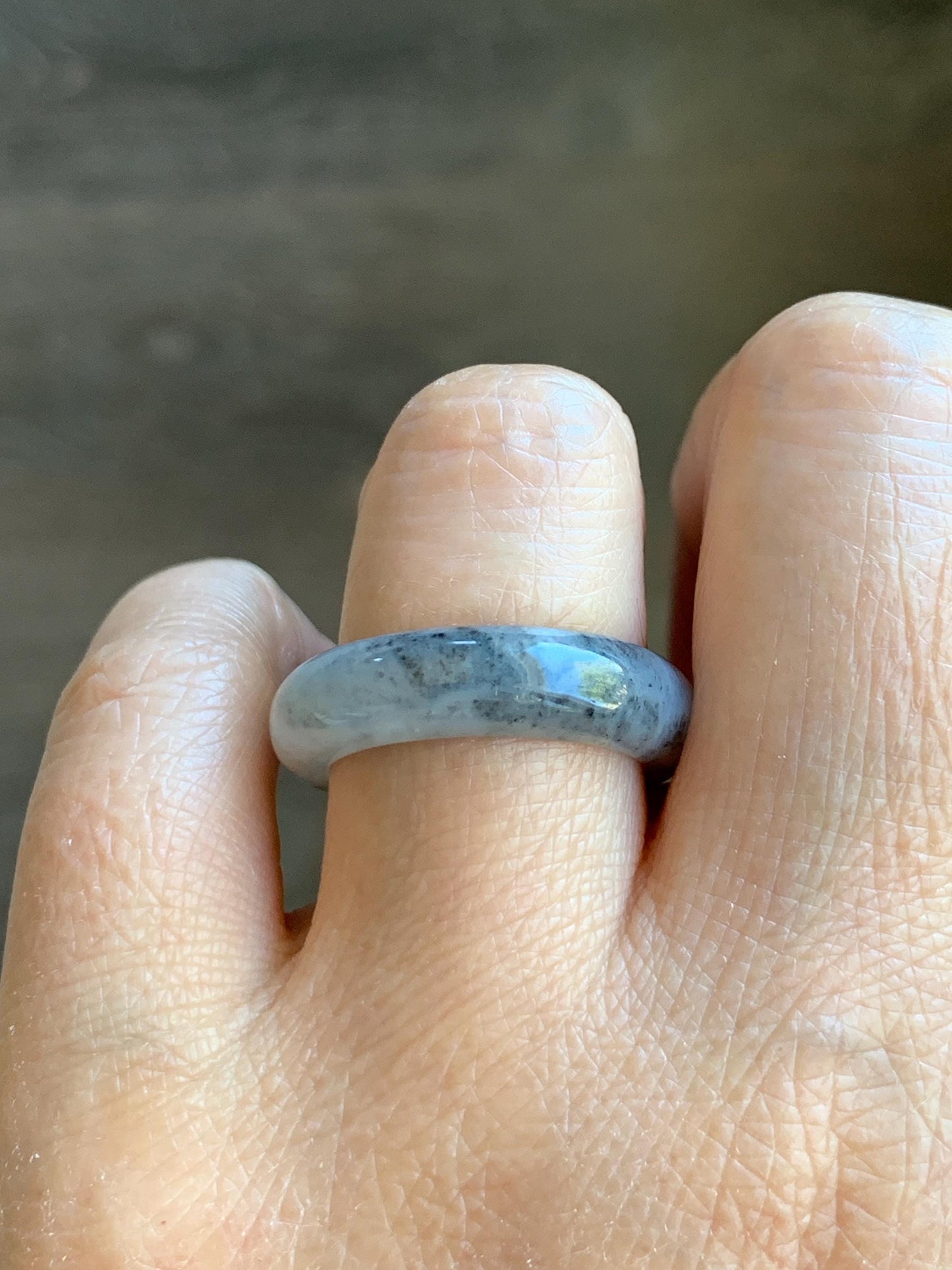 Natural Grade A Icy Translucent Light Gray Wuji Marbled Jade Jadeite Band Ring Size 8.75 US 天然冰胶乌鸡翡翠戒圈 MWJ66B