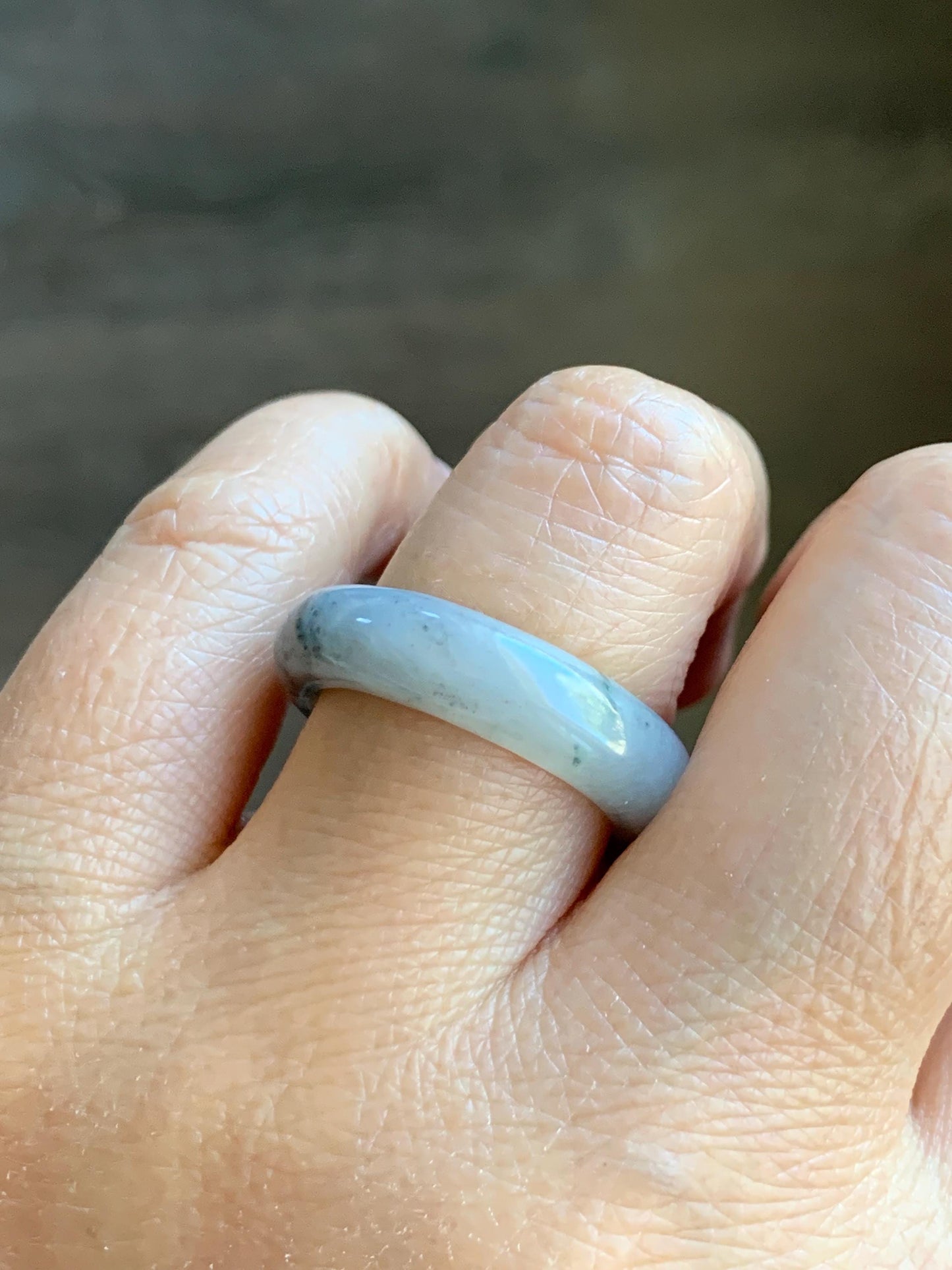 Natural Grade A Icy Translucent Light Gray Wuji Marbled Jade Jadeite Band Ring Size 8.75 US 天然冰胶乌鸡翡翠戒圈 MWJ66B