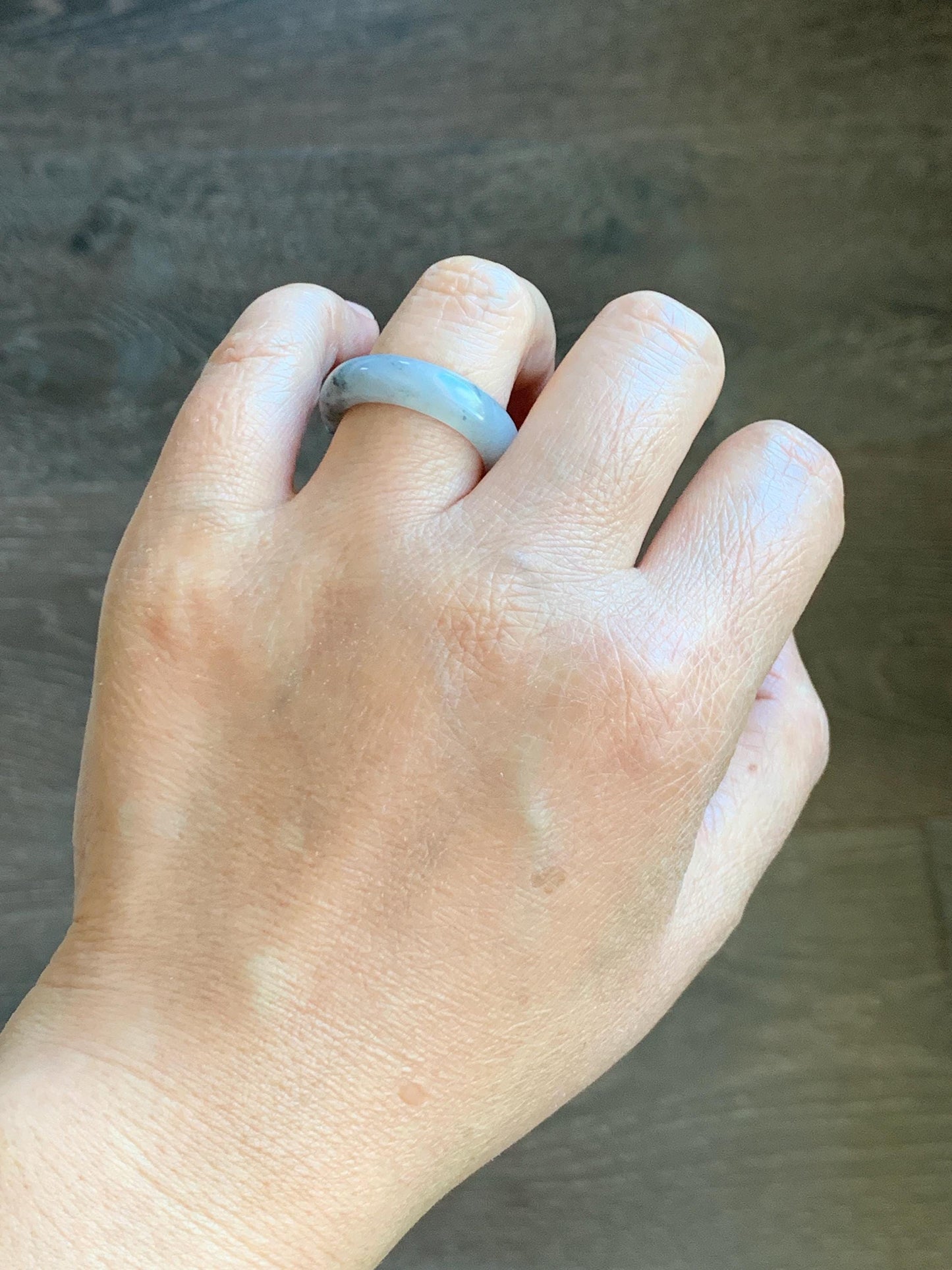 Natural Grade A Icy Translucent Light Gray Wuji Marbled Jade Jadeite Band Ring Size 8.75 US 天然冰胶乌鸡翡翠戒圈 MWJ66B