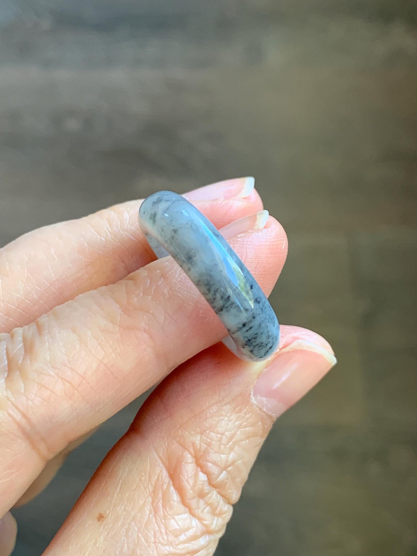 Natural Grade A Icy Translucent Light Gray Wuji Marbled Jade Jadeite Band Ring Size 8.75 US 天然冰胶乌鸡翡翠戒圈 MWJ66B
