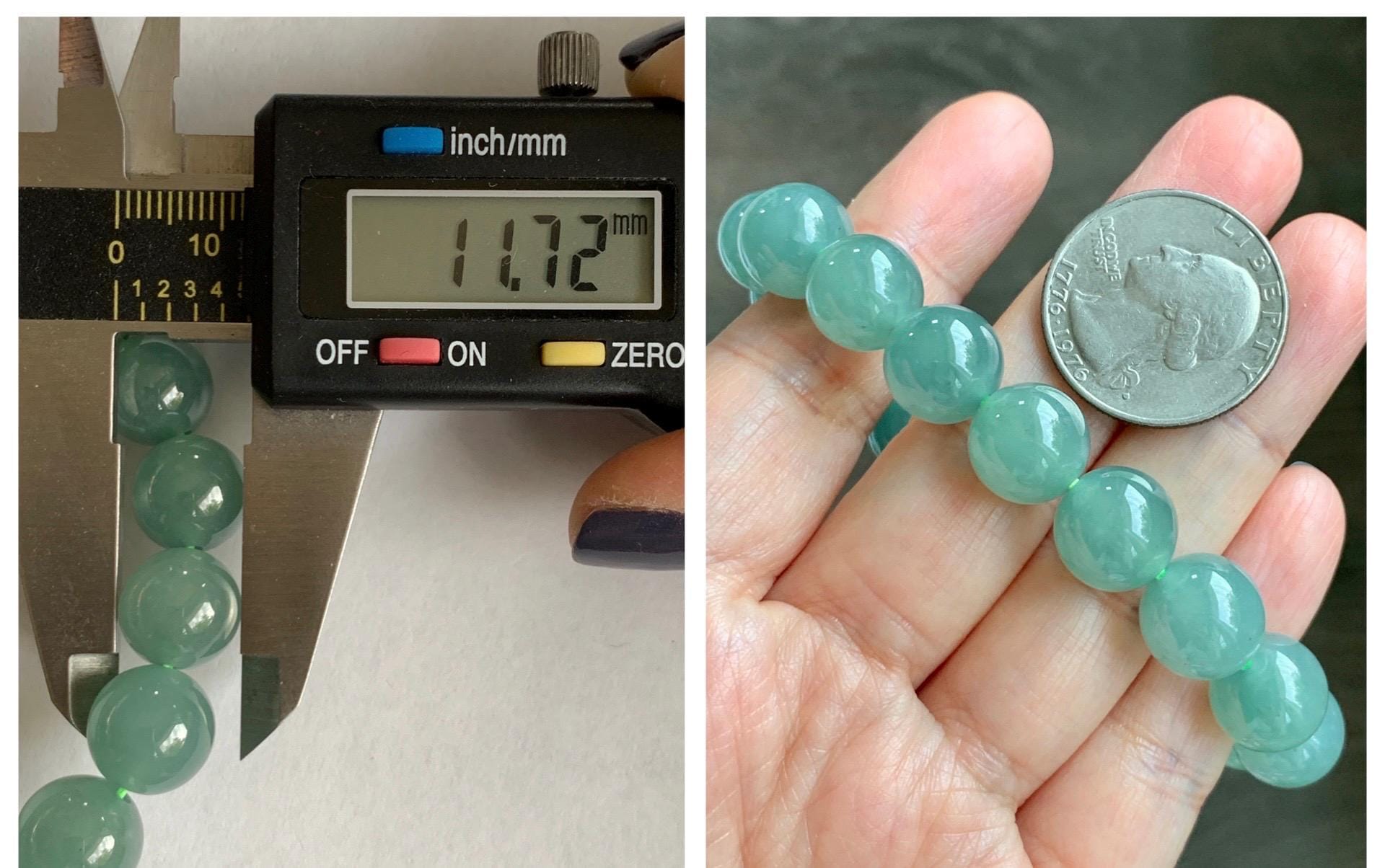 Natural Grade A Guatemalan Icy Translucent Teal Green Jade Jadeite Beaded Bracelet 11.7mm 7.25” 46g 天然冰危蓝绿翡翠大圆珠手串 WDL350