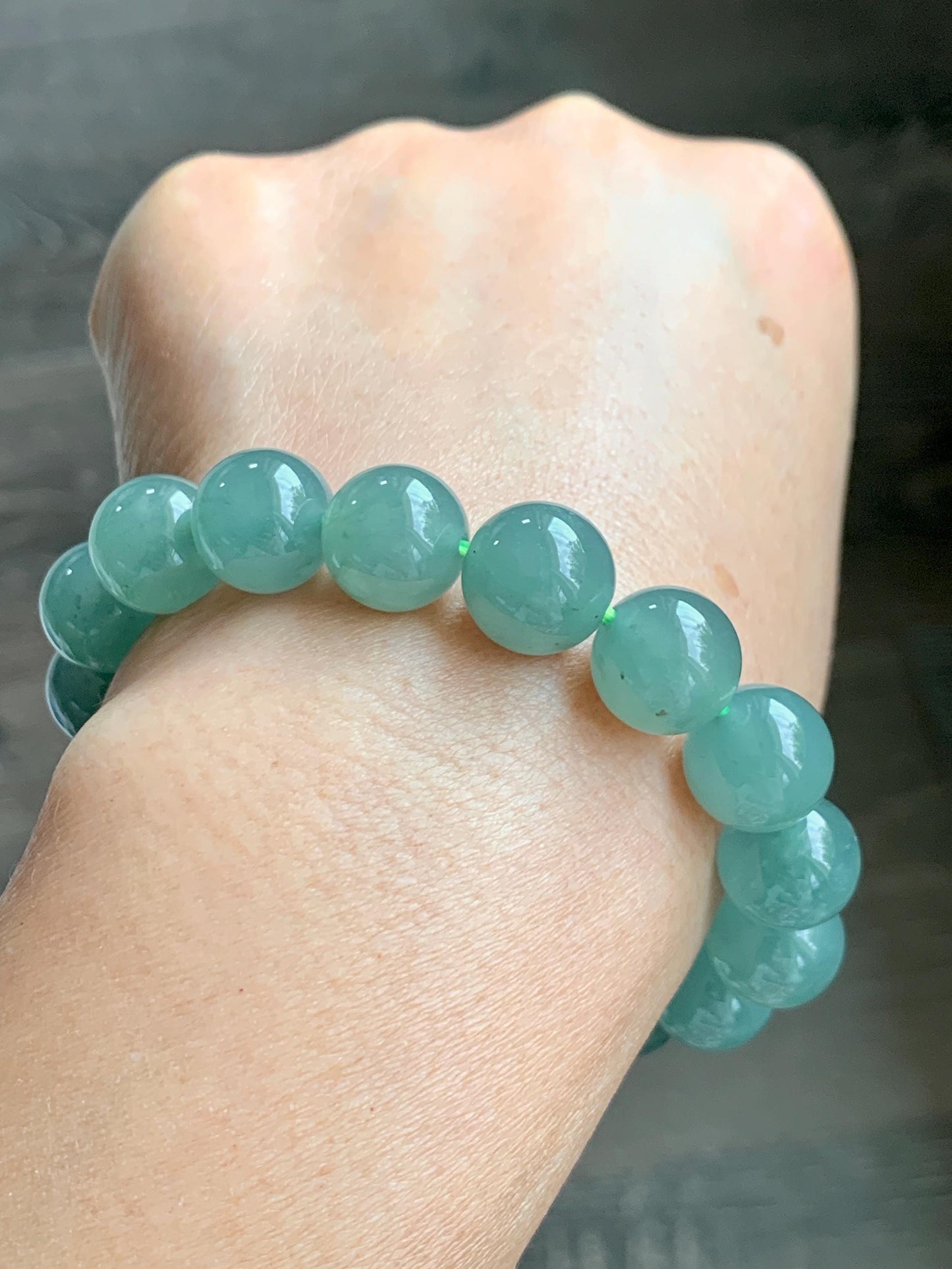Natural Grade A Guatemalan Icy Translucent Teal Green Jade Jadeite Beaded Bracelet 11.7mm 7.25” 46g 天然冰危蓝绿翡翠大圆珠手串 WDL350