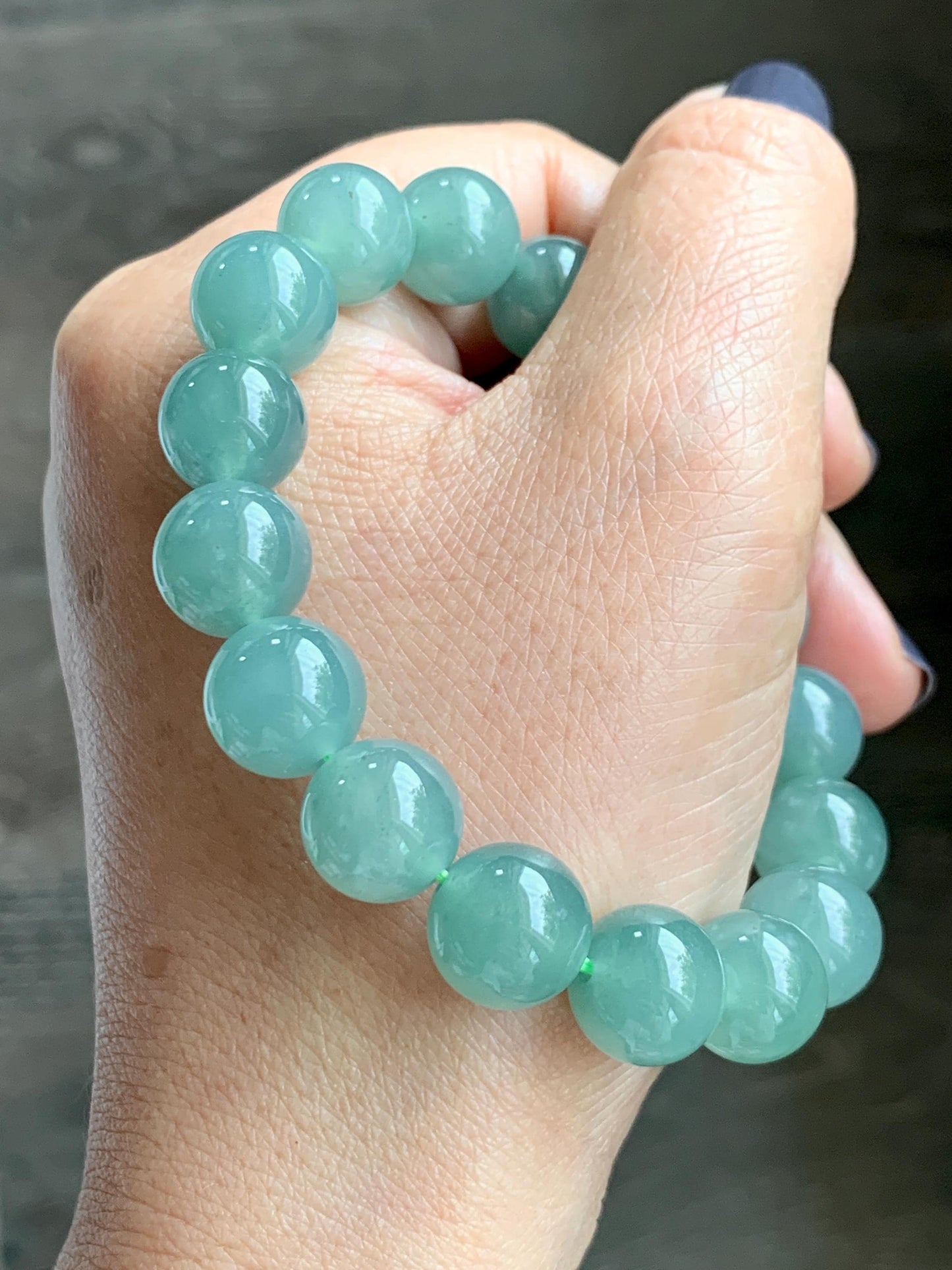 Natural Grade A Guatemalan Icy Translucent Teal Green Jade Jadeite Beaded Bracelet 11.7mm 7.25” 46g 天然冰危蓝绿翡翠大圆珠手串 WDL350