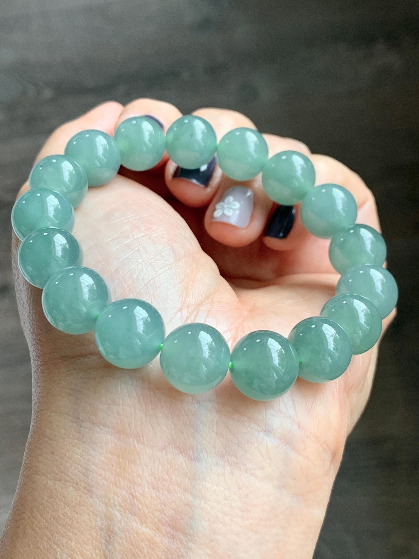 Natural Grade A Guatemalan Icy Translucent Teal Green Jade Jadeite Beaded Bracelet 11.7mm 7.25” 46g 天然冰危蓝绿翡翠大圆珠手串 WDL350
