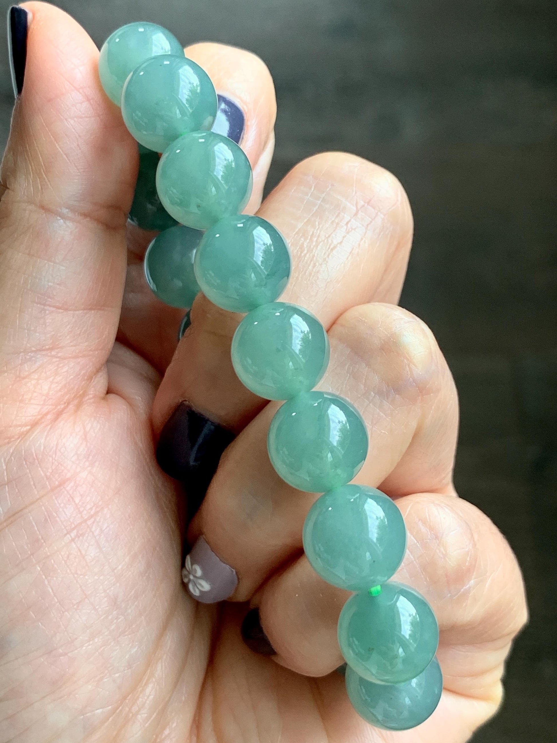 Natural Grade A Guatemalan Icy Translucent Teal Green Jade Jadeite Beaded Bracelet 11.7mm 7.25” 46g 天然冰危蓝绿翡翠大圆珠手串 WDL350