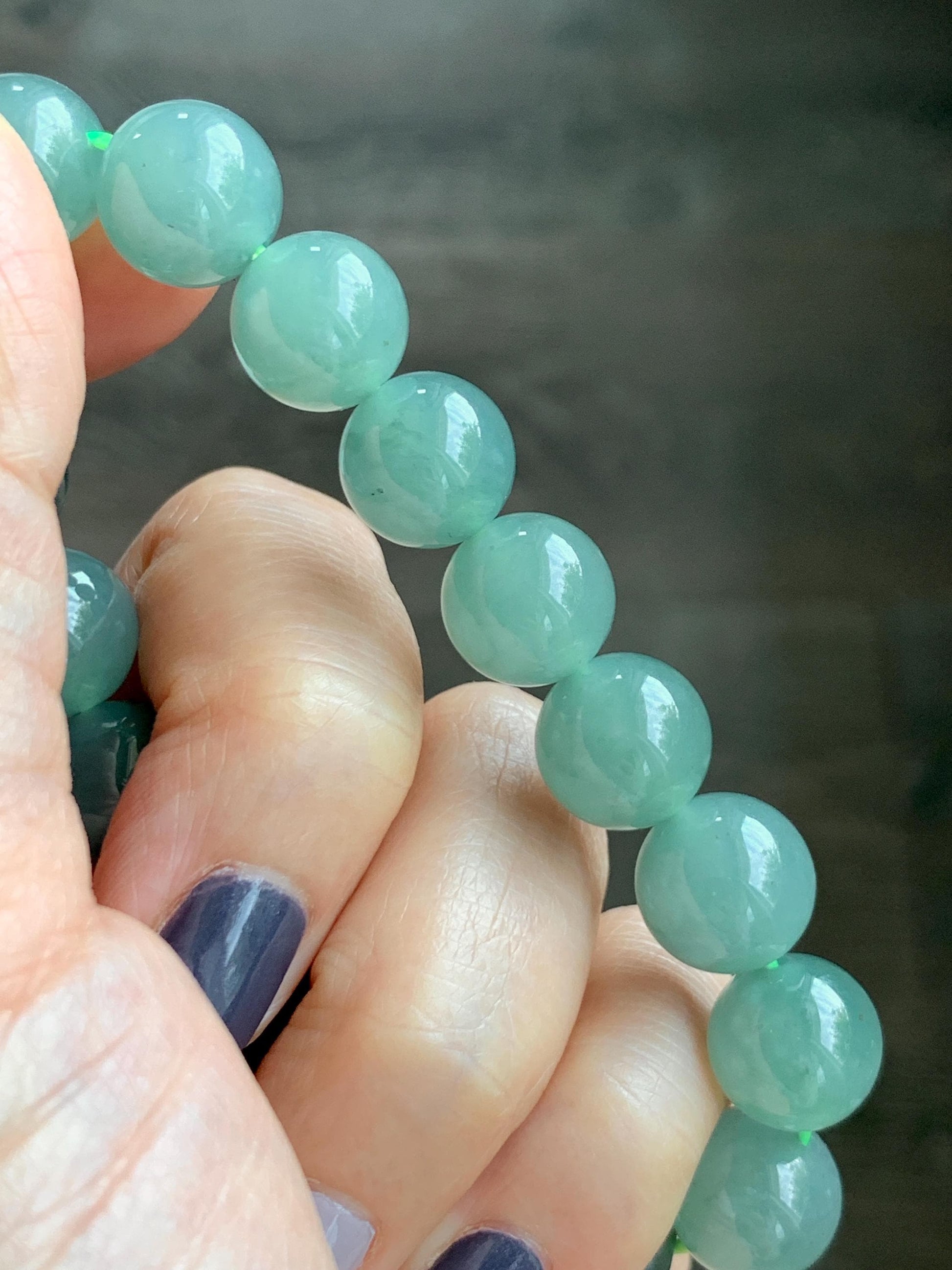 Natural Grade A Guatemalan Icy Translucent Teal Green Jade Jadeite Beaded Bracelet 11.7mm 7.25” 46g 天然冰危蓝绿翡翠大圆珠手串 WDL350