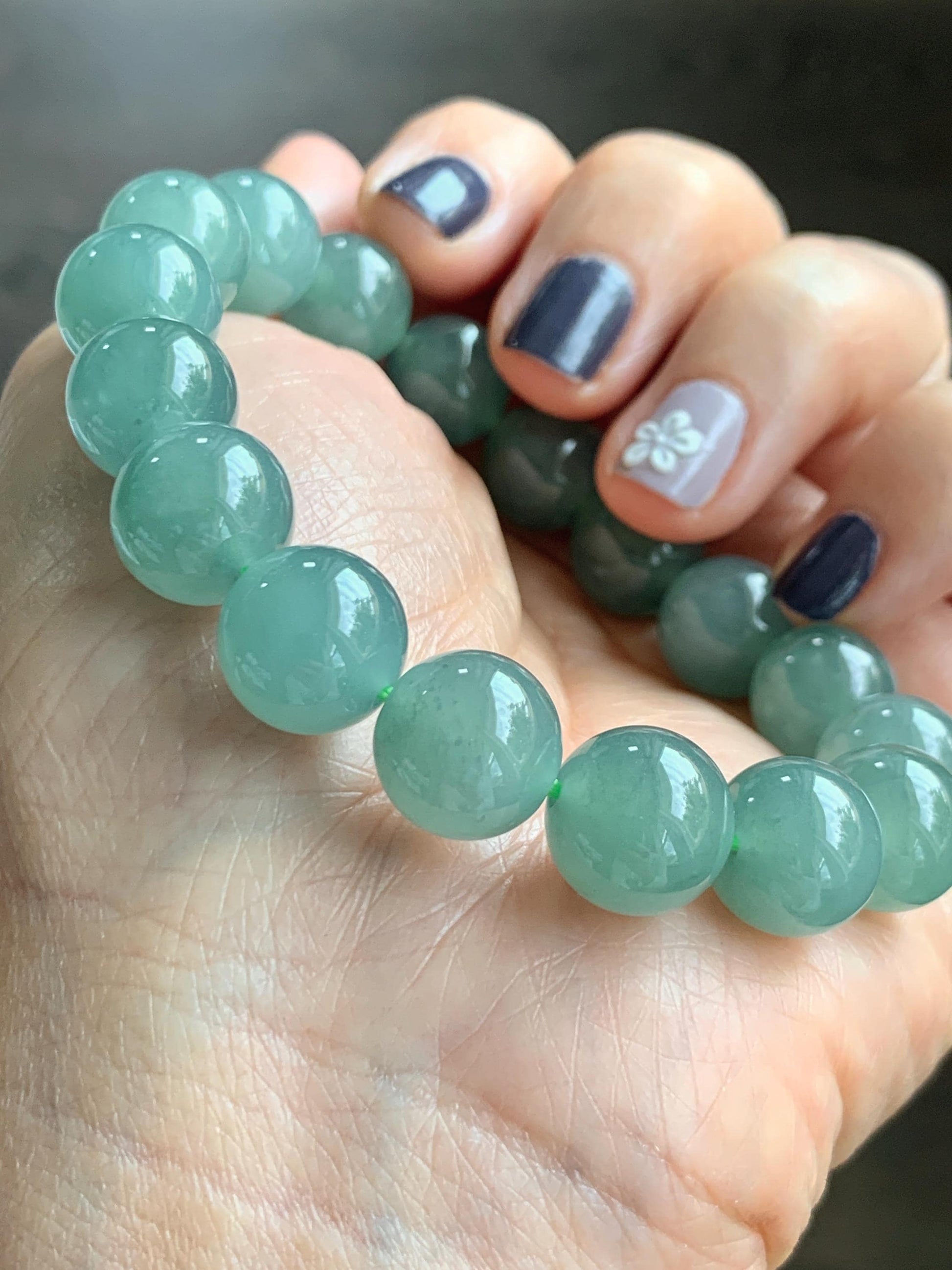 Natural Grade A Guatemalan Icy Translucent Teal Green Jade Jadeite Beaded Bracelet 11.7mm 7.25” 46g 天然冰危蓝绿翡翠大圆珠手串 WDL350