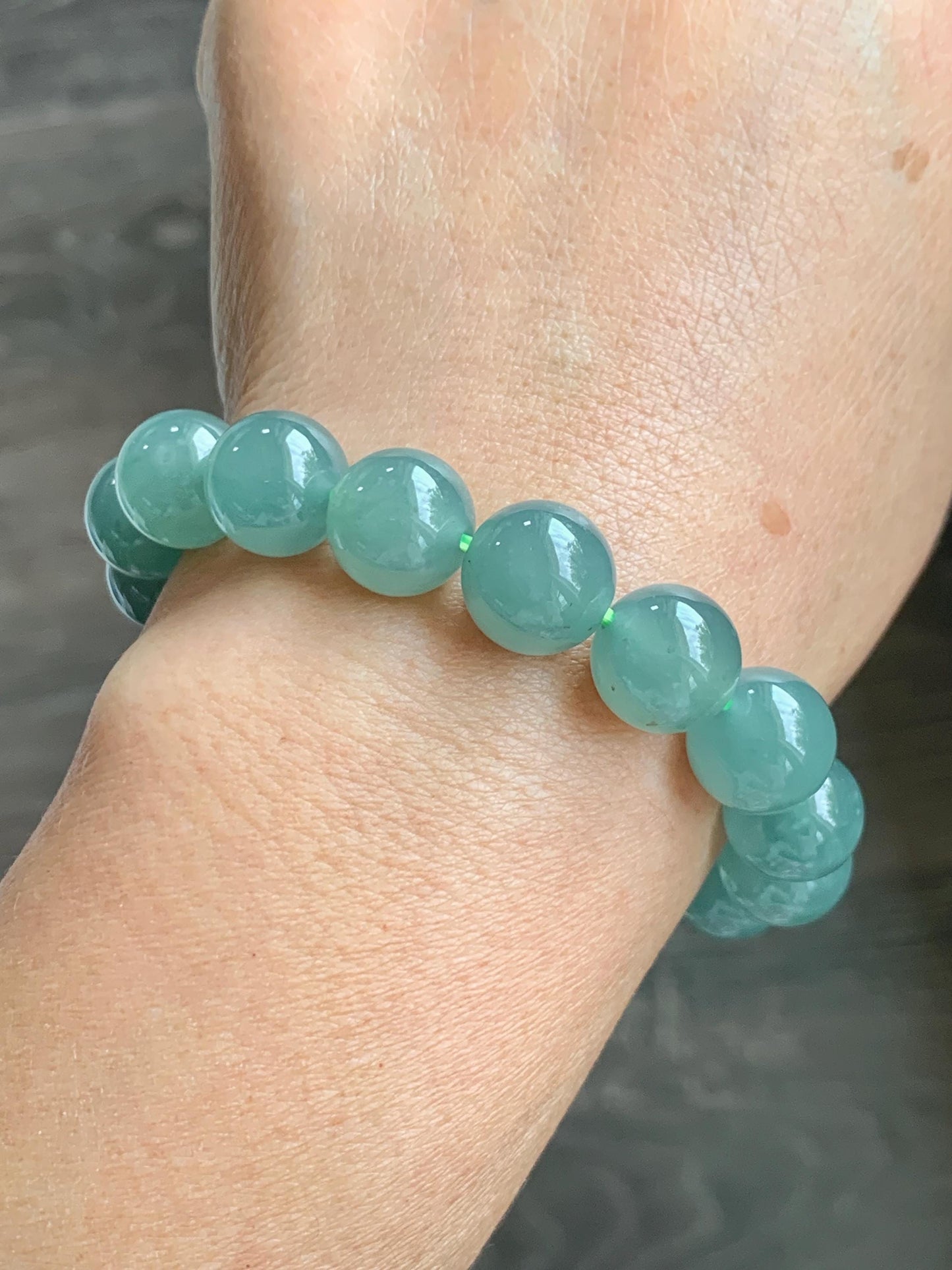 Natural Grade A Guatemalan Icy Translucent Teal Green Jade Jadeite Beaded Bracelet 11.7mm 7.25” 46g 天然冰危蓝绿翡翠大圆珠手串 WDL350