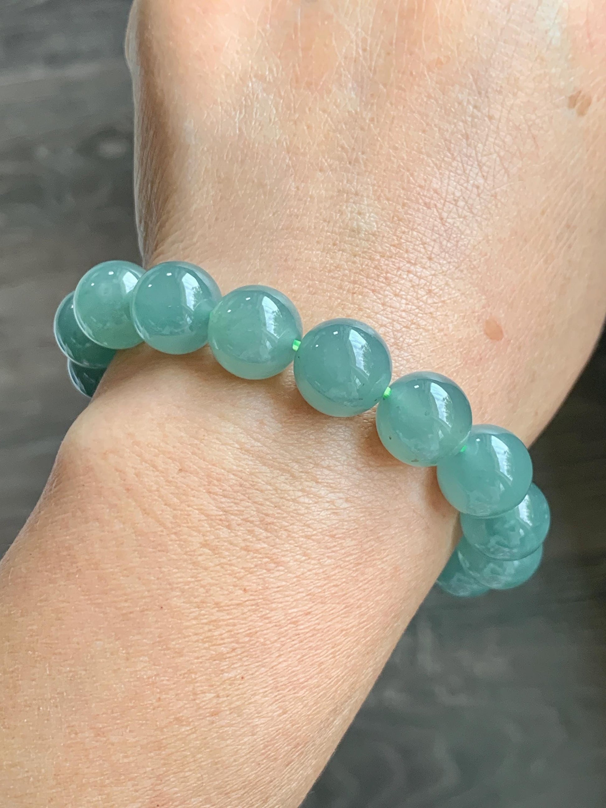Natural Grade A Guatemalan Icy Translucent Teal Green Jade Jadeite Beaded Bracelet 11.7mm 7.25” 46g 天然冰危蓝绿翡翠大圆珠手串 WDL350