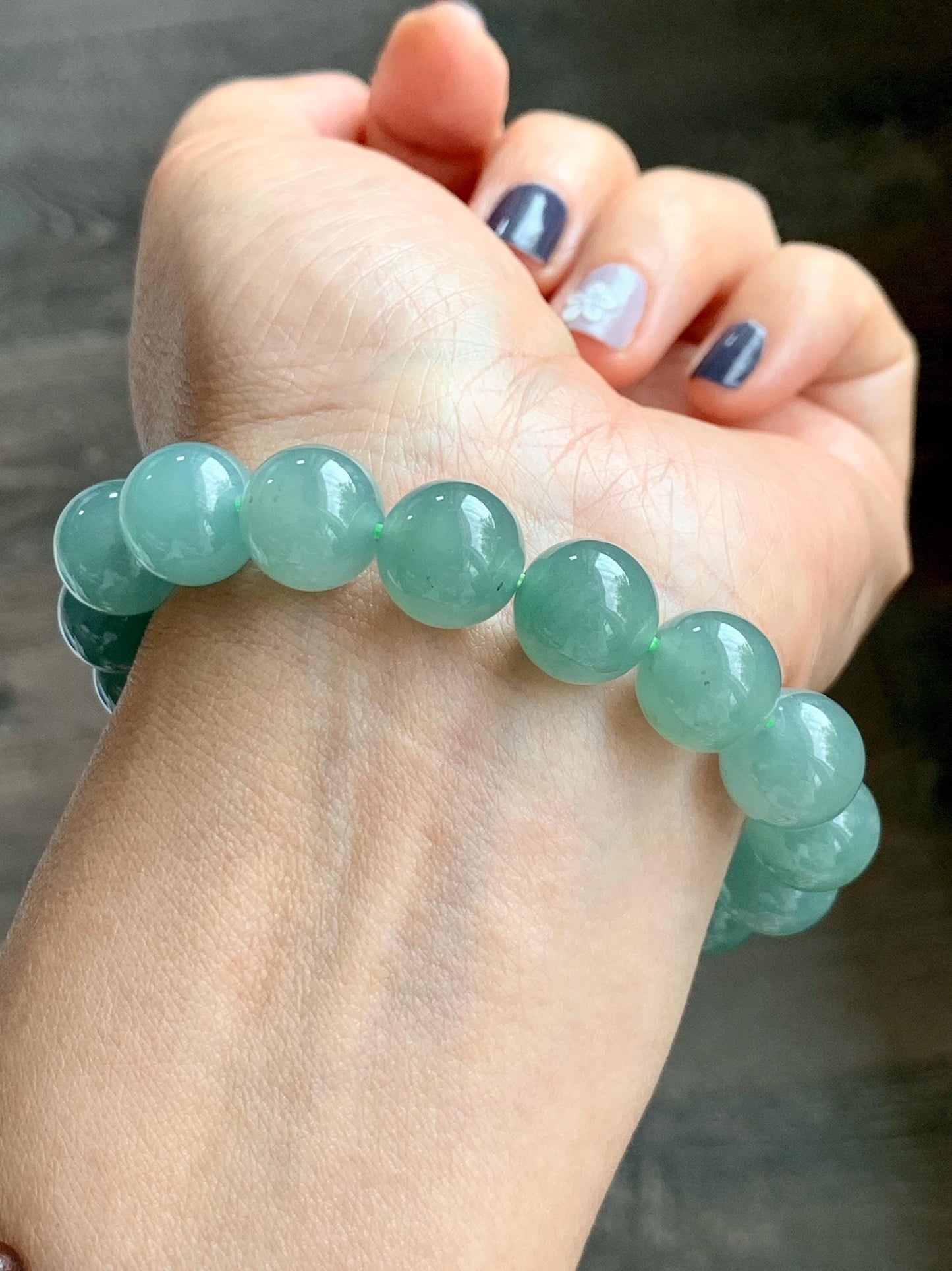 Natural Grade A Guatemalan Icy Translucent Teal Green Jade Jadeite Beaded Bracelet 11.7mm 7.25” 46g 天然冰危蓝绿翡翠大圆珠手串 WDL350