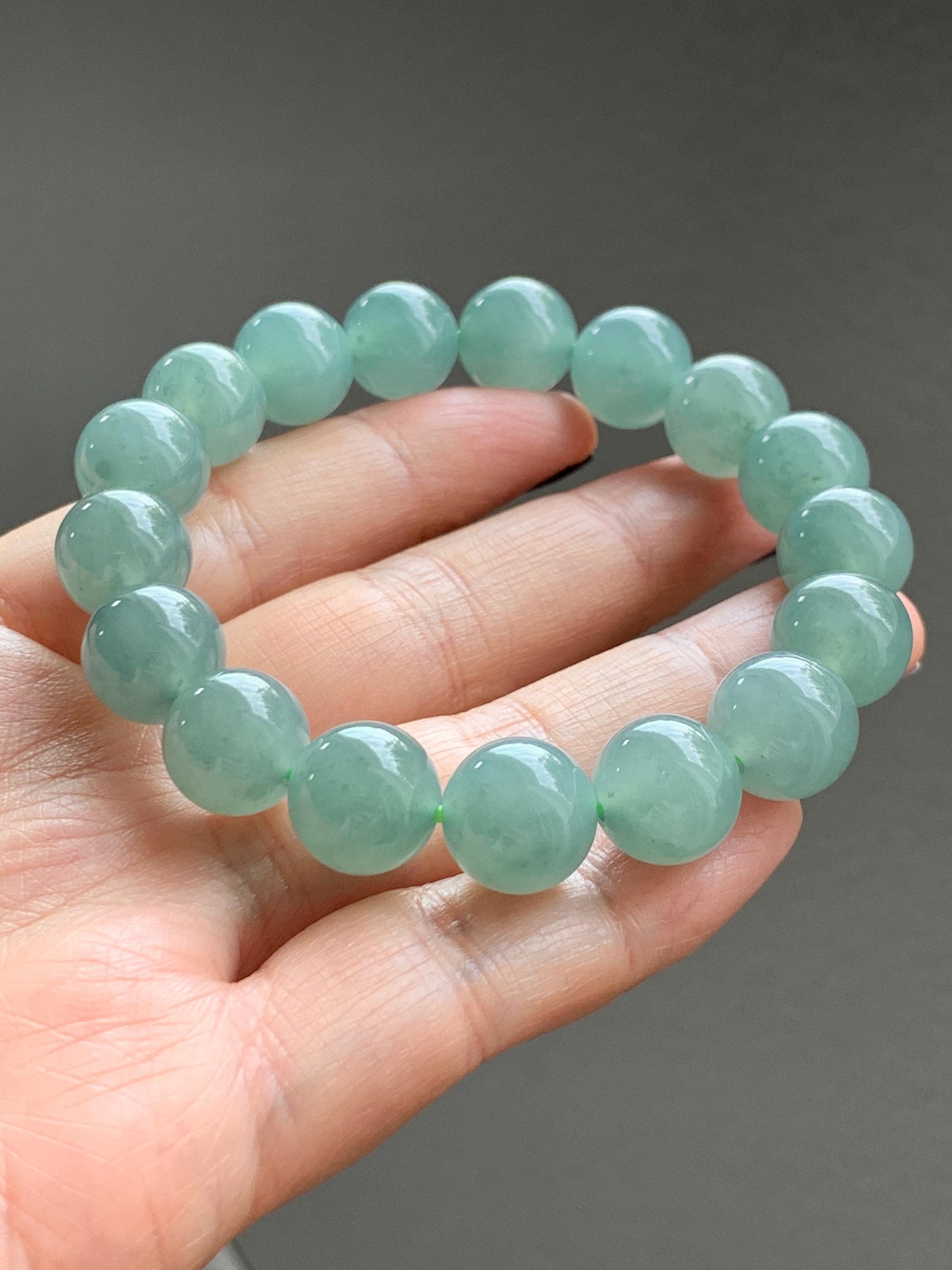 Natural Grade A Guatemalan Icy Translucent Teal Green Jade Jadeite Beaded Bracelet 11.7mm 7.25” 46g 天然冰危蓝绿翡翠大圆珠手串 WDL350