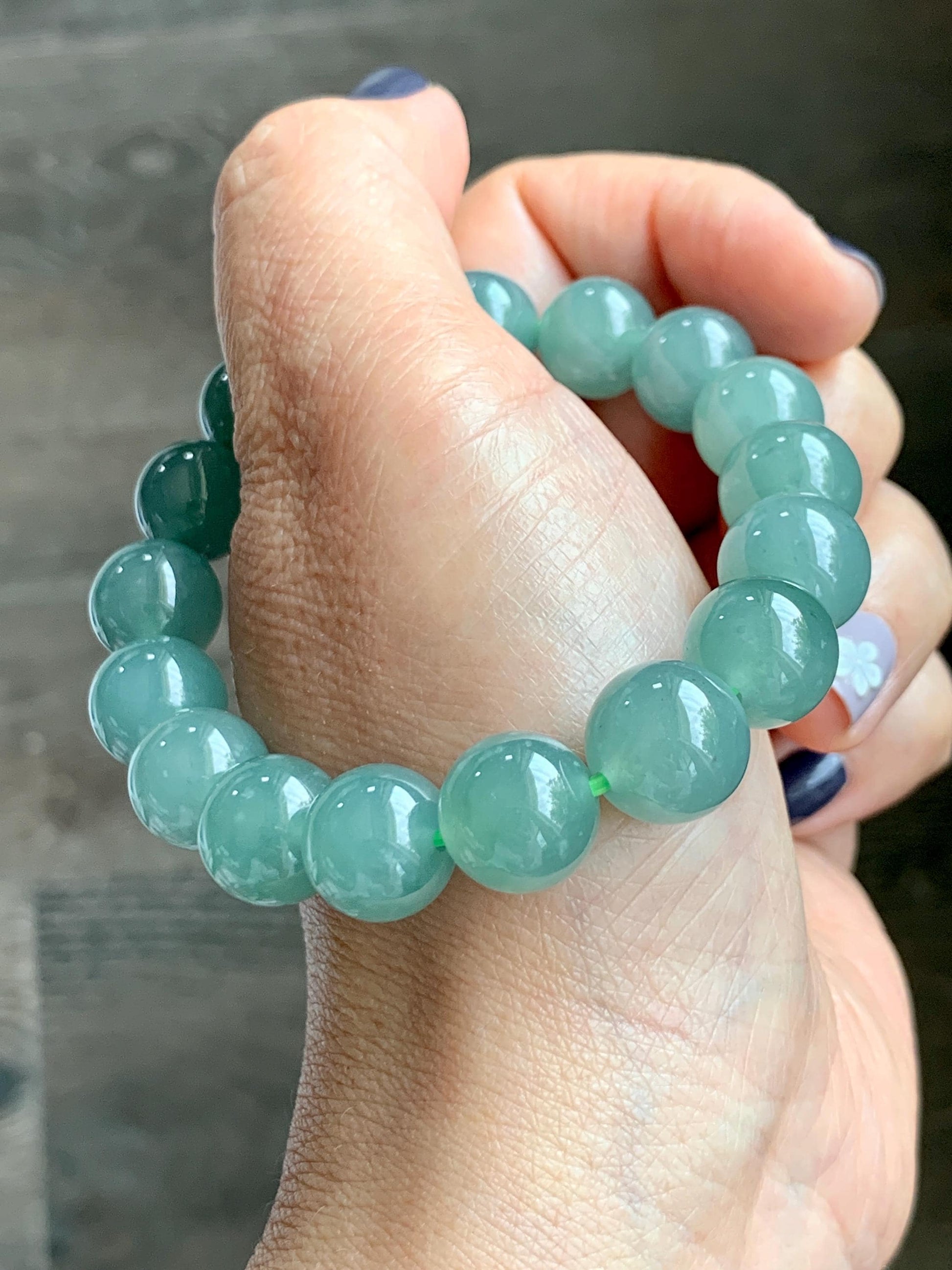 Natural Grade A Guatemalan Icy Translucent Teal Green Jade Jadeite Beaded Bracelet 11.7mm 7.25” 46g 天然冰危蓝绿翡翠大圆珠手串 WDL350